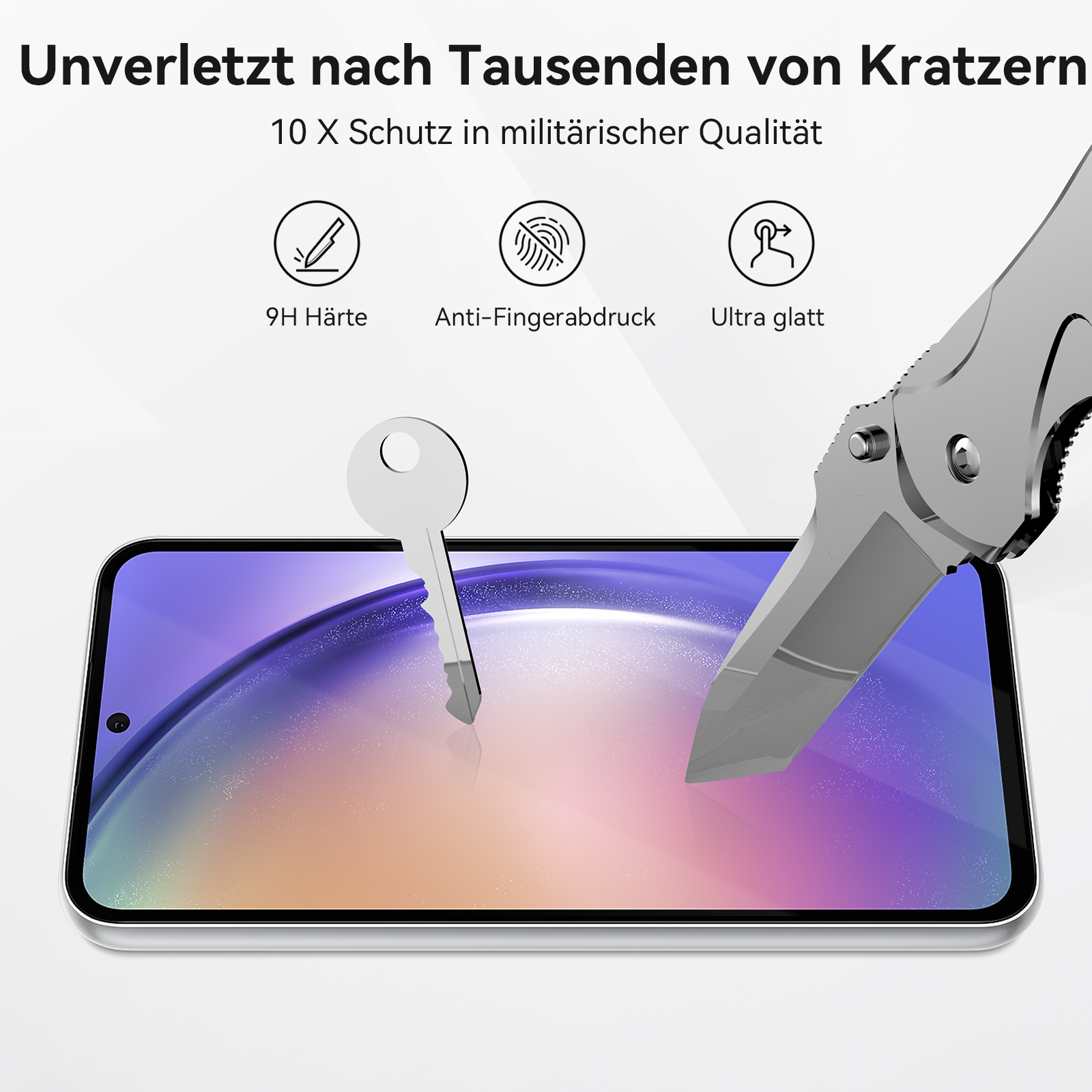 Telefonbildschirm mit Schutz, Schlüssel und Messer. Der Bildschirm hat Text und bunten Hintergrund.
