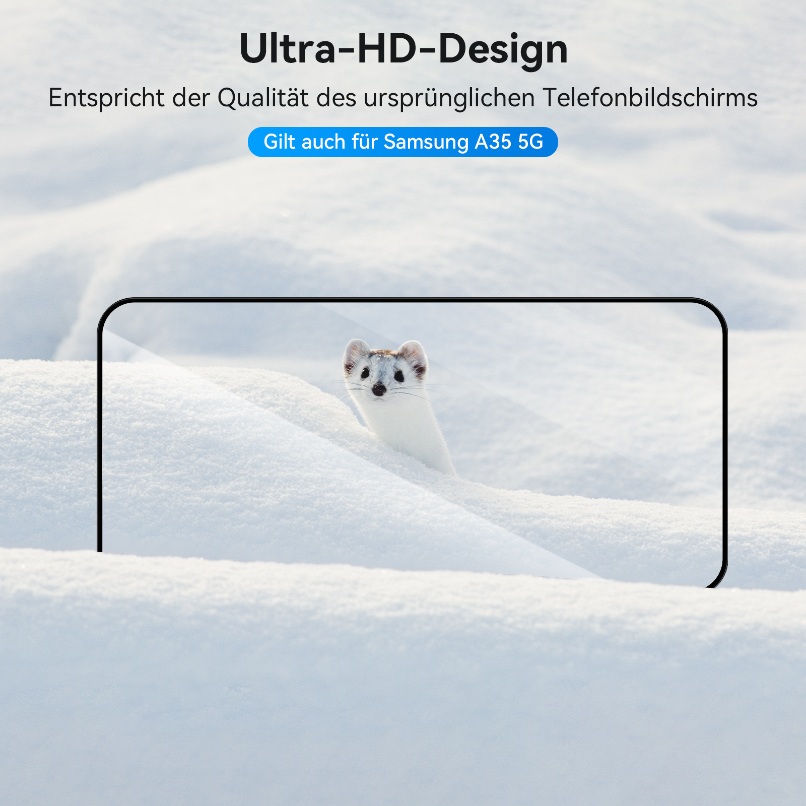Telefonbildschirm mit Maus im Schnee. Text Ultra-HD-Design, Samsung A35 5G. Schnee Hintergrund.