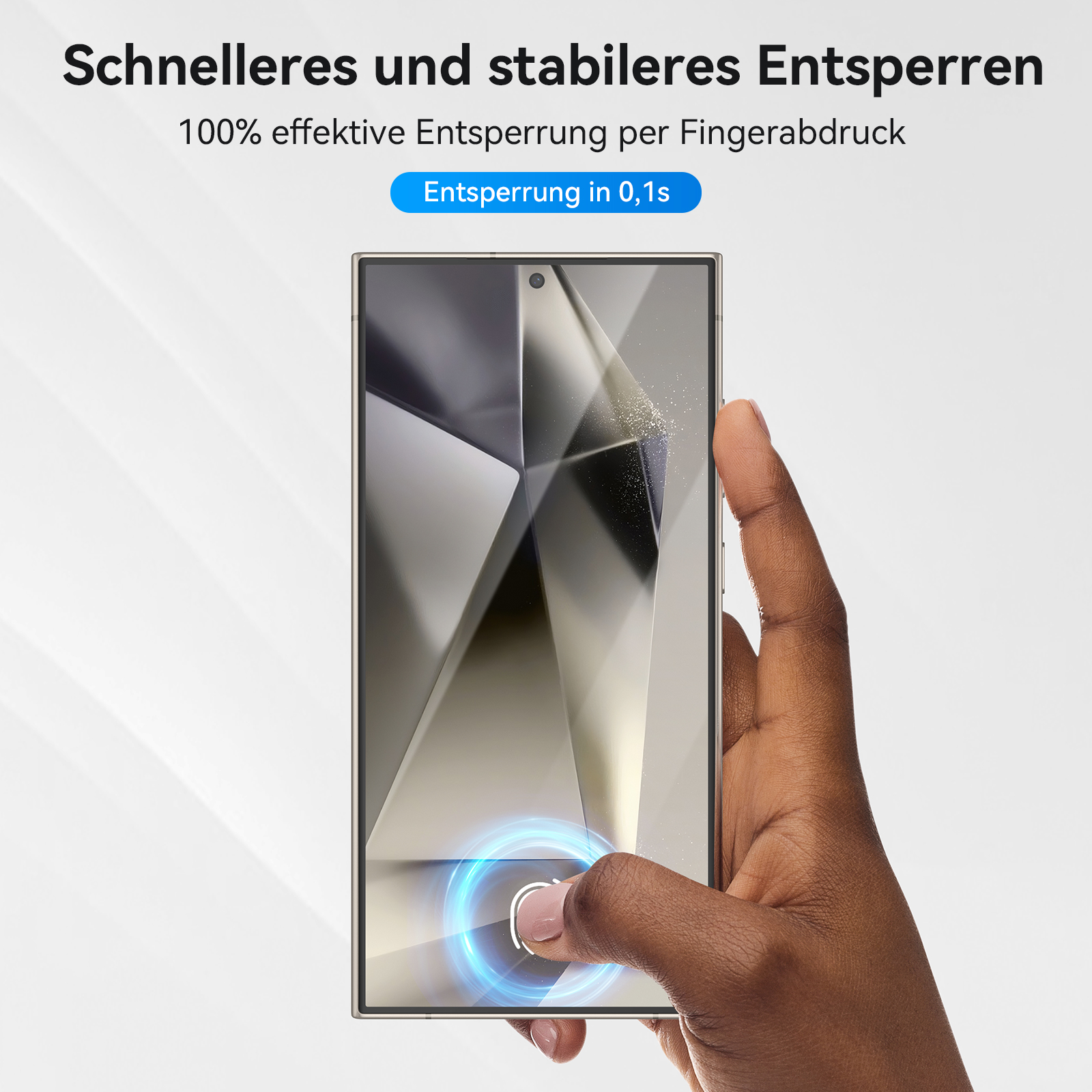 Eine Hand berührt einen Telefonbildschirm. Der Bildschirm zeigt eine Fingerabdruck-Scan-Animation.