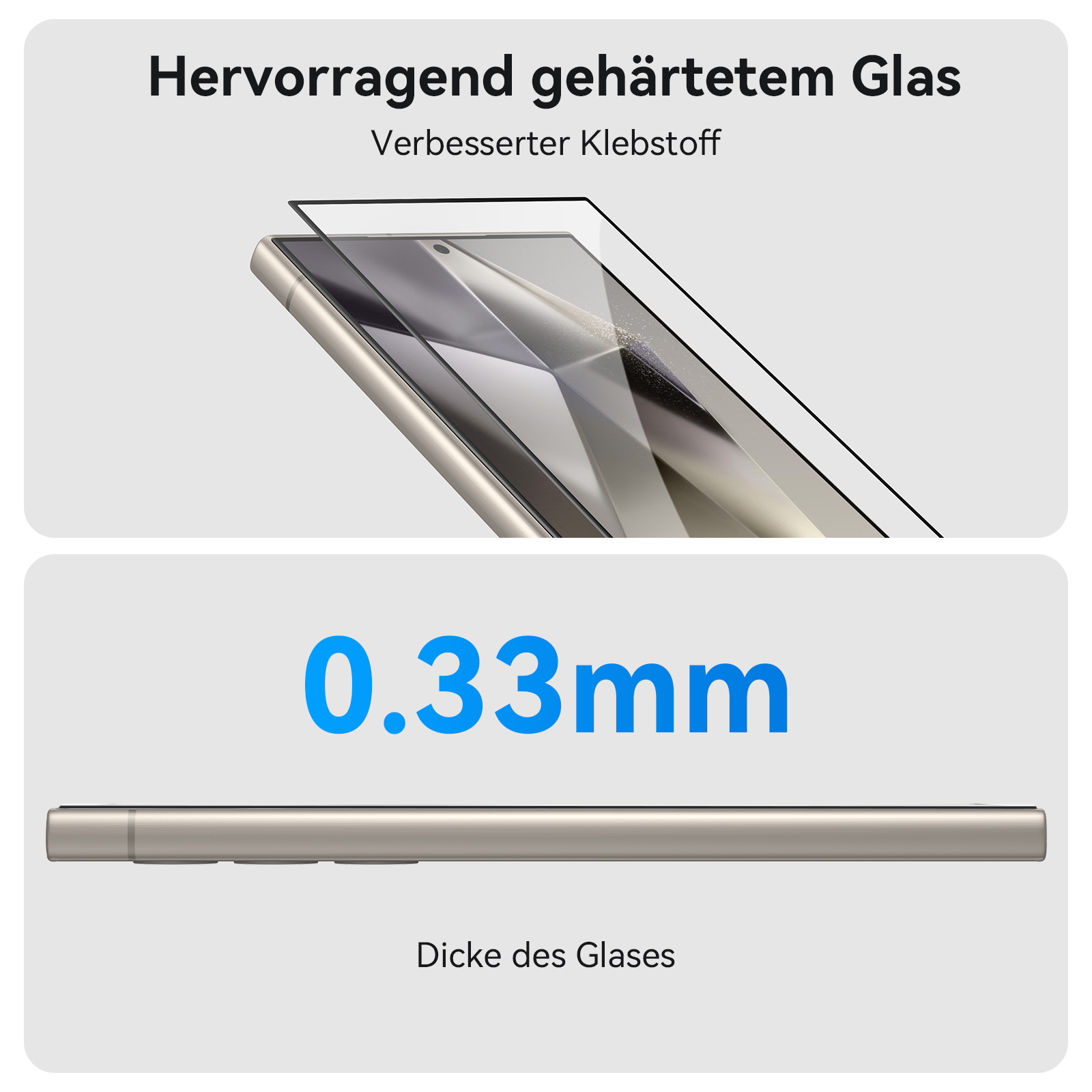 Nahaufnahme zeigt einen Displayschutz über einem Telefon mit Text, der seine Dicke von 0,33 mm anzeigt.