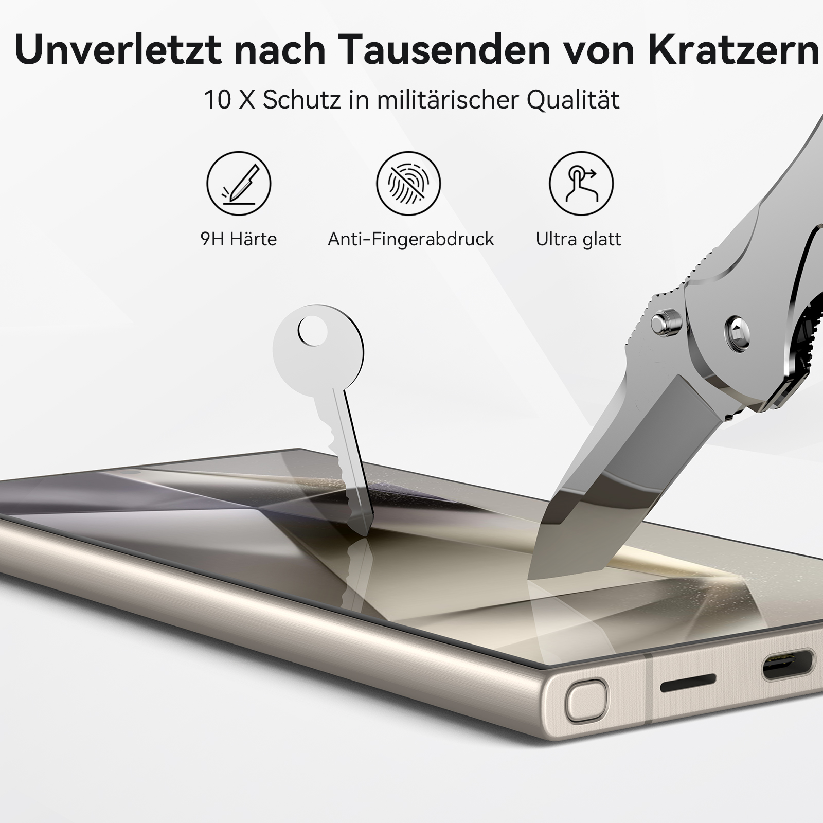 Telefonbildschirm mit Messer und Schlüssel daneben, zeigt Anti-Kratz- und Fingerabdruck-Funktionen.