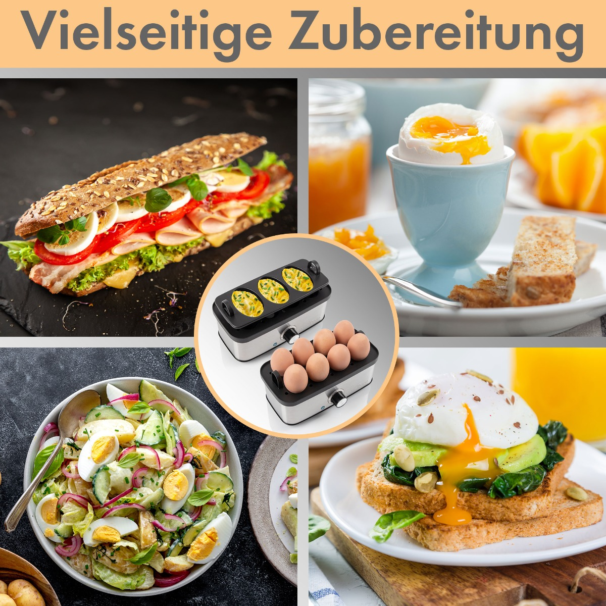 Kolaż przygotowanych potraw z jaj: kanapek, sałatki i tostów.