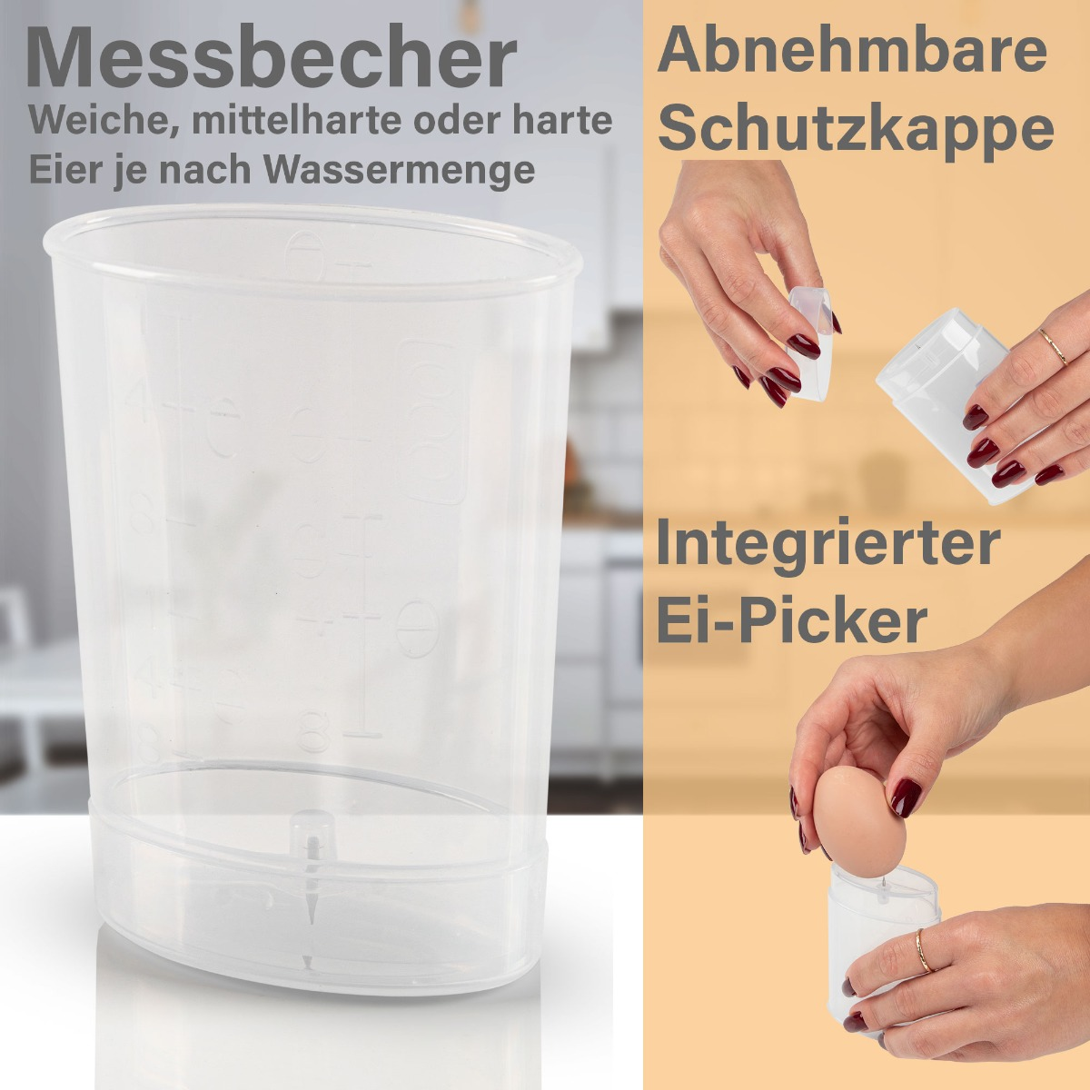 Przezroczysty kubek z funkcjami związanymi z jajkami i dłońmi kobiety w interakcji.