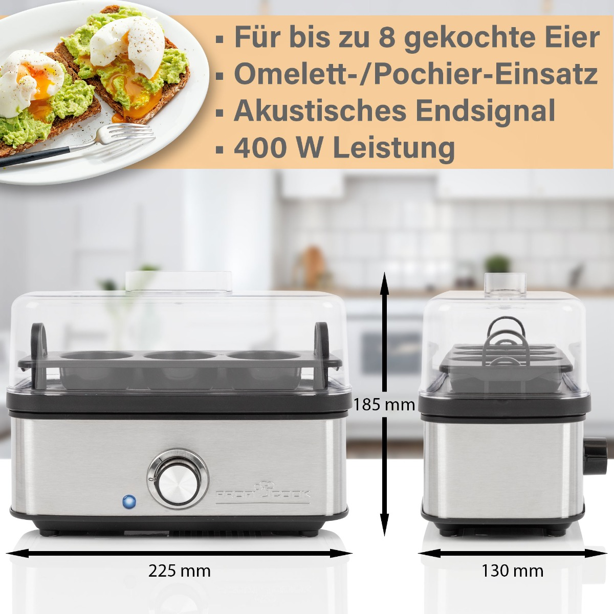 Urządzenie do gotowania jajek z dwoma częściami, lewa strona pokazuje wymiary.