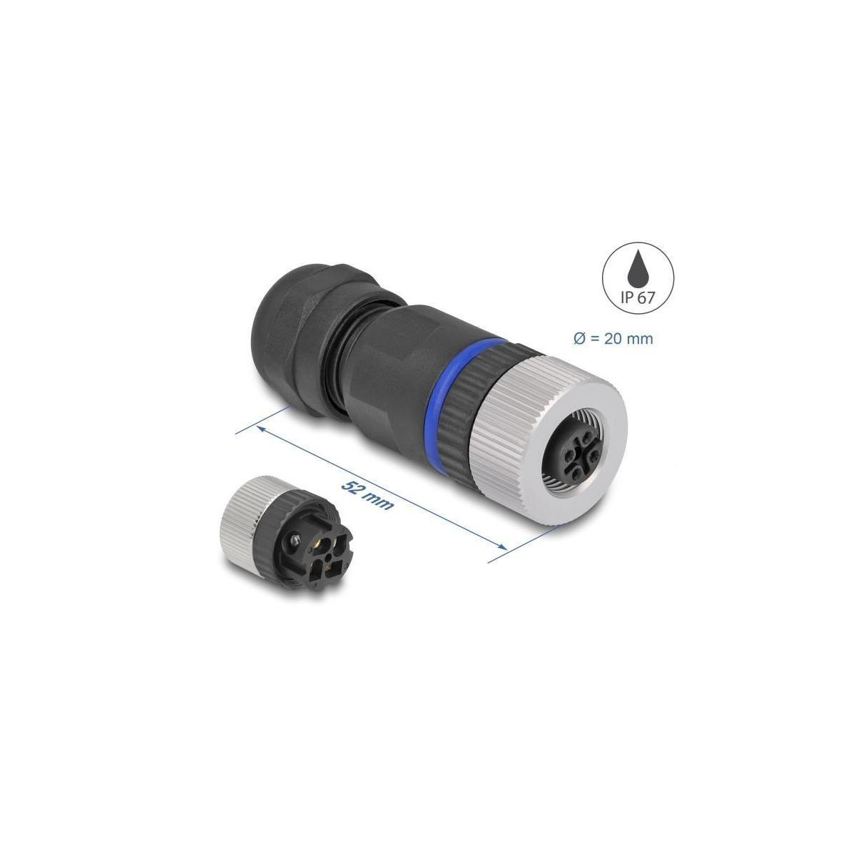 Ein schwarzer und silberner zylindrischer Stecker mit Etiketten und Abmessungen auf weißem Hintergrund.