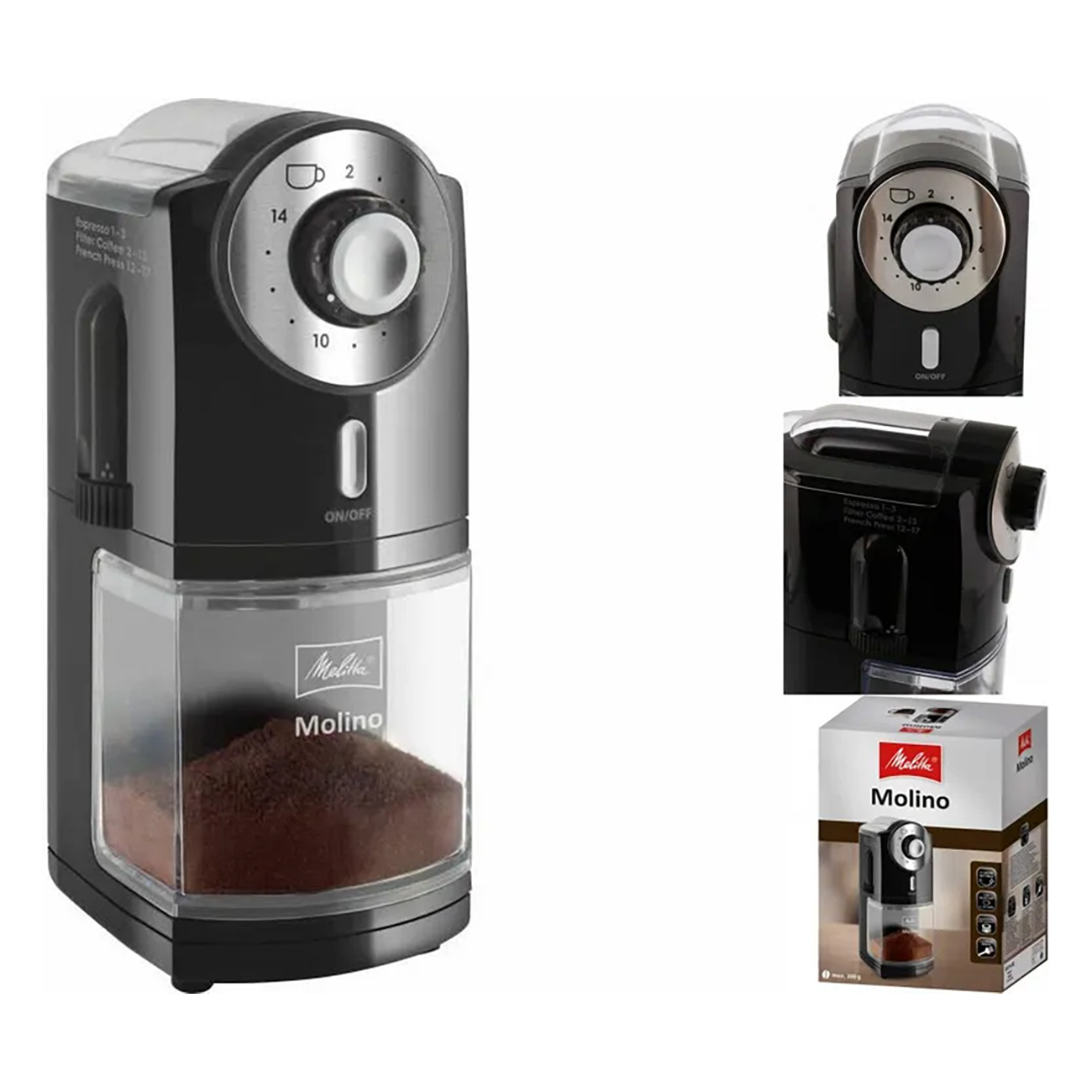 Czarny młynek do kawy Melitta Molino z wieloma widokami.