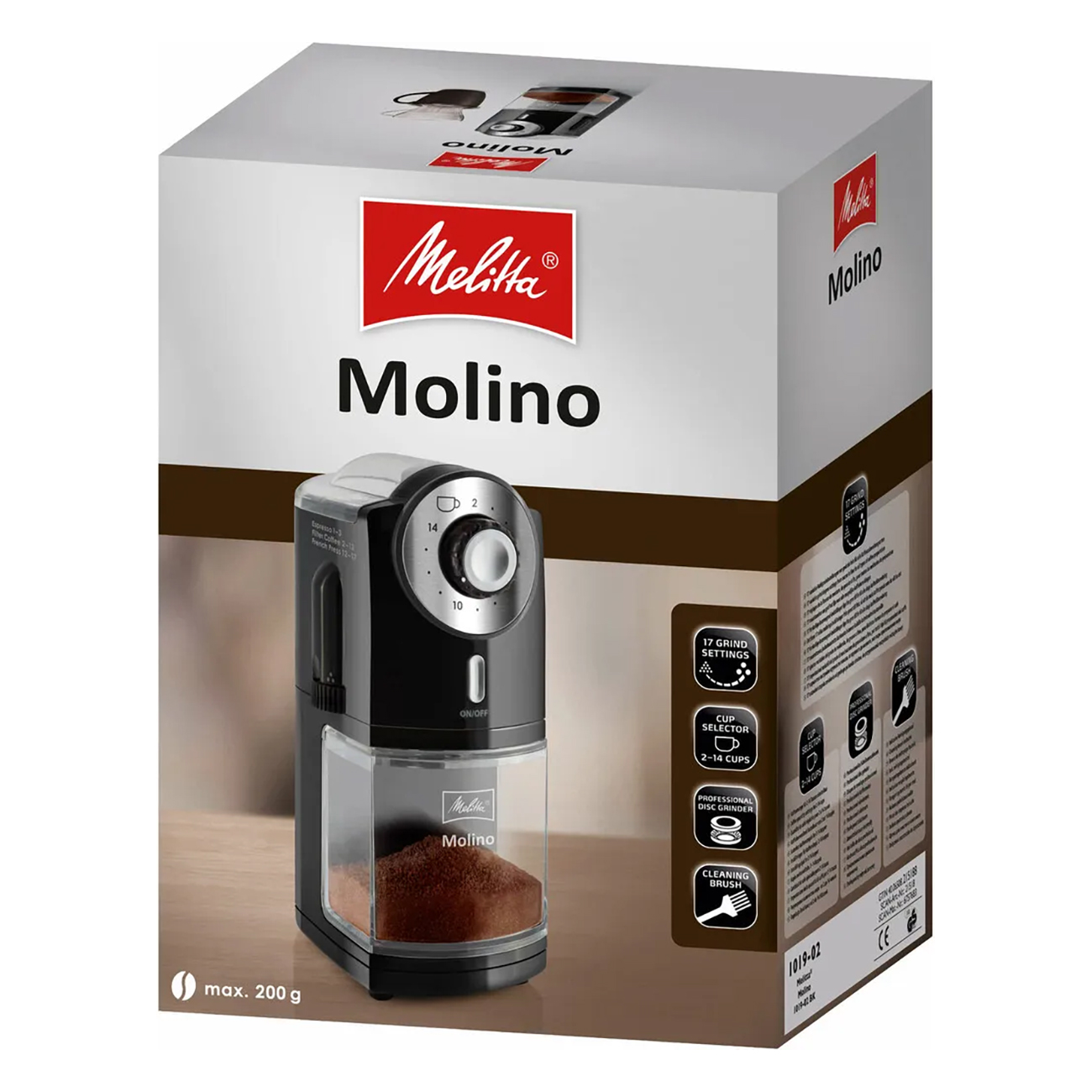 Czarny młynek do kawy Melitta Molino z pudełkiem. Pudełko pokazuje młynek i szczegóły.