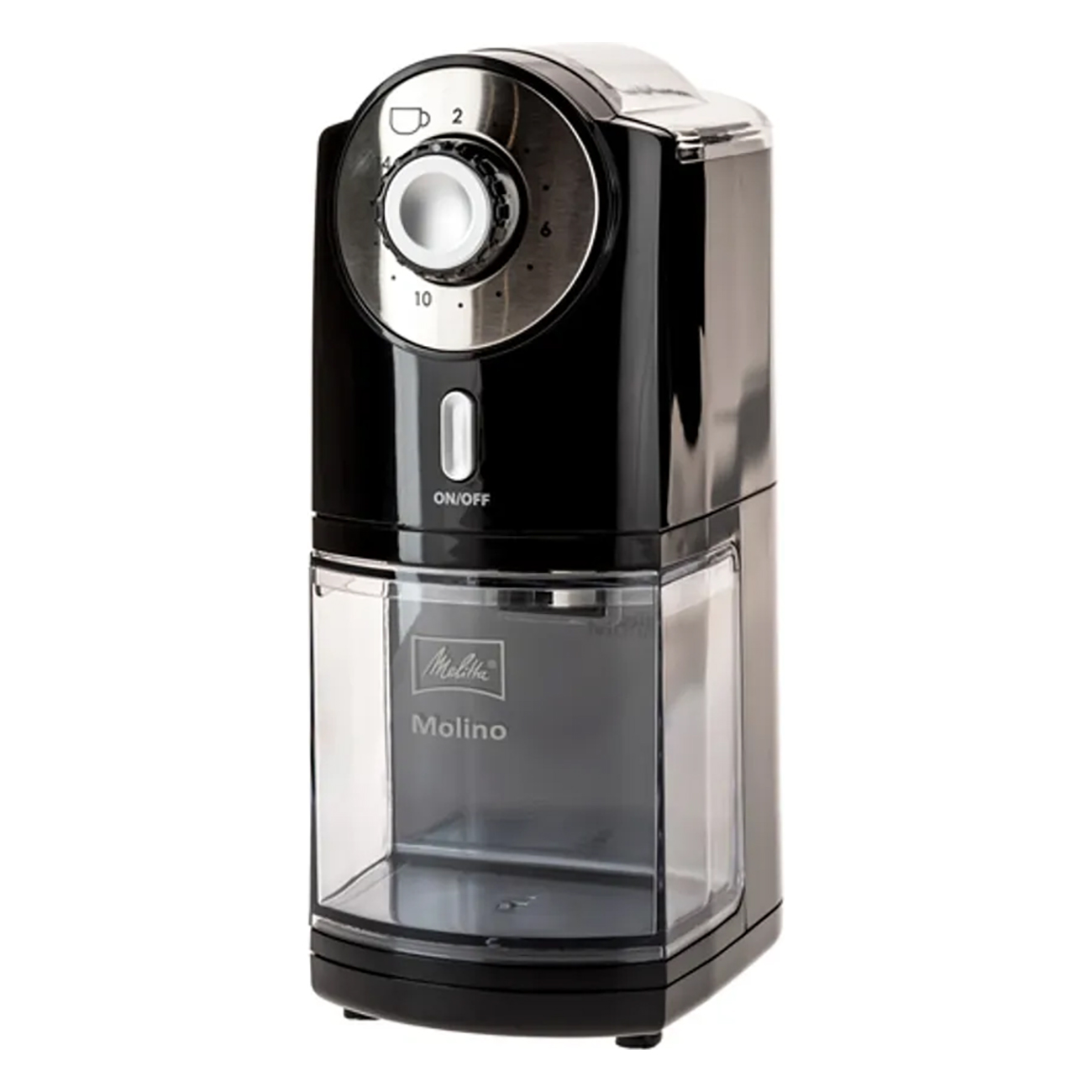 Czarny i srebrny młynek do kawy. Ma przezroczysty pojemnik. Na pokrętle napis ON/OFF i numer.