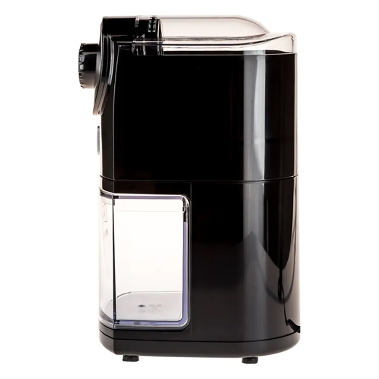 Czarny młynek do kawy z przezroczystym pojemnikiem na białym tle.