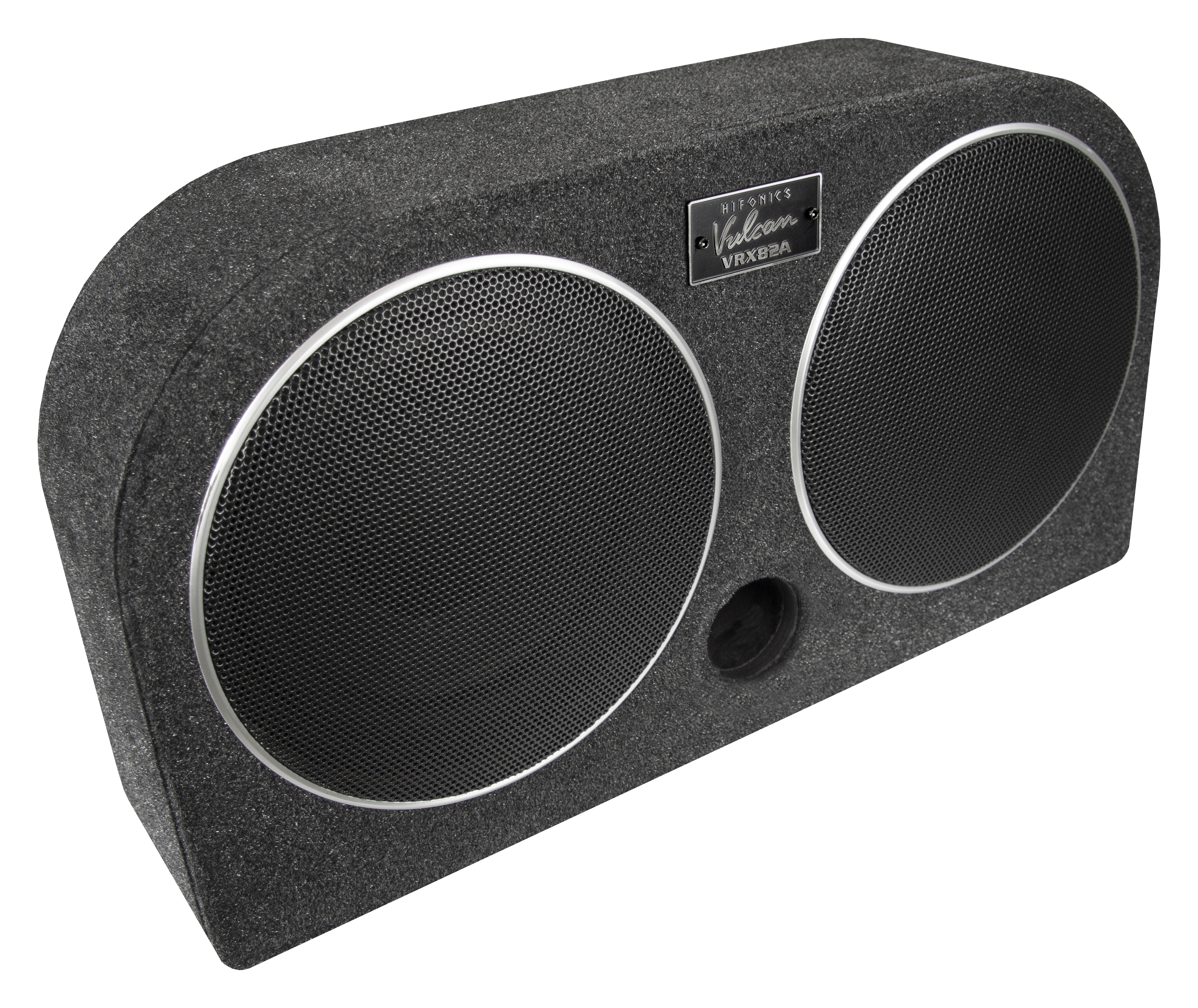 Grauer Subwoofer mit zwei Lautsprechern, mit silbernem Rand und schwarzem Gitter.