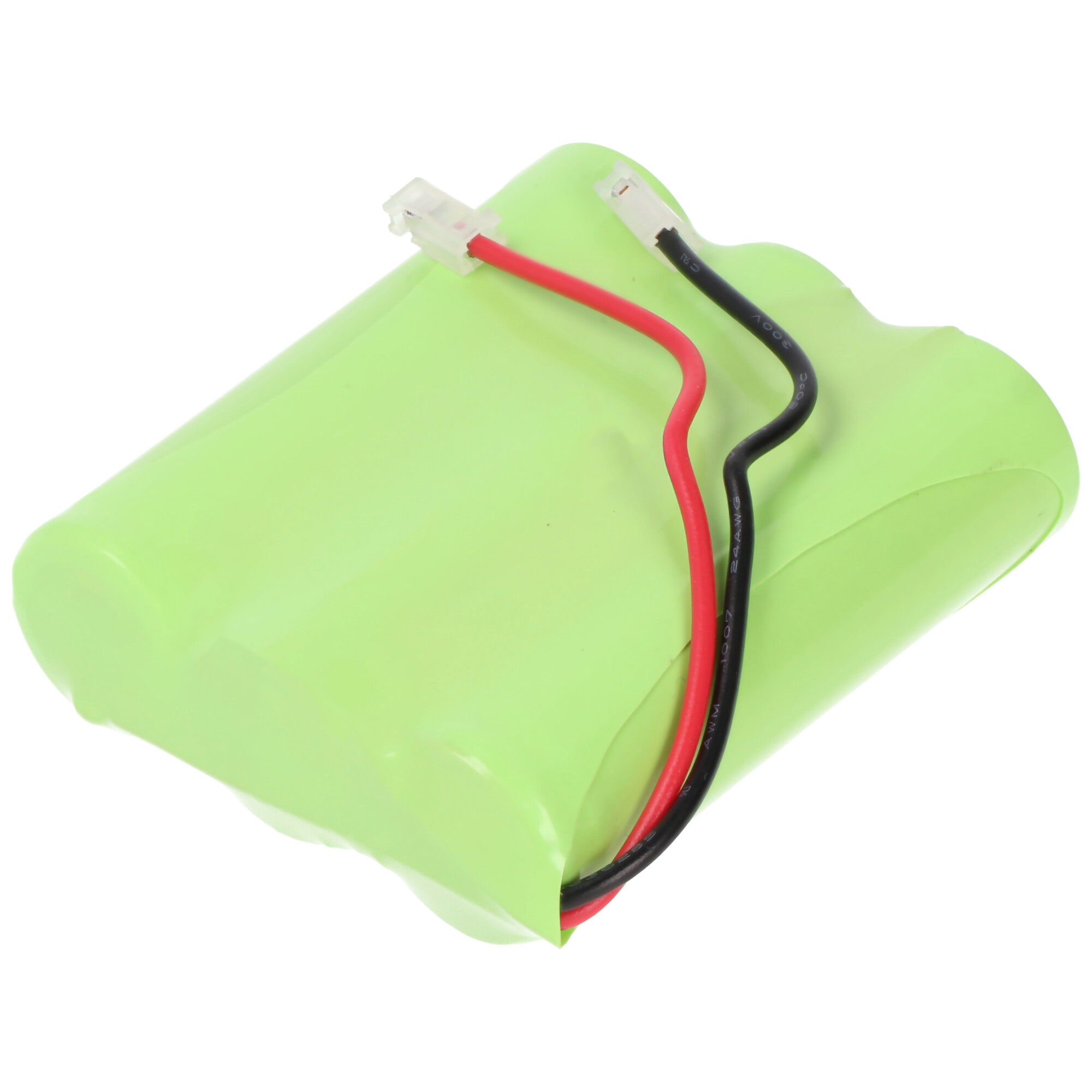 Eine grüne wiederaufladbare Batterie mit schwarzen und roten Drähten und weißen Anschlüssen.