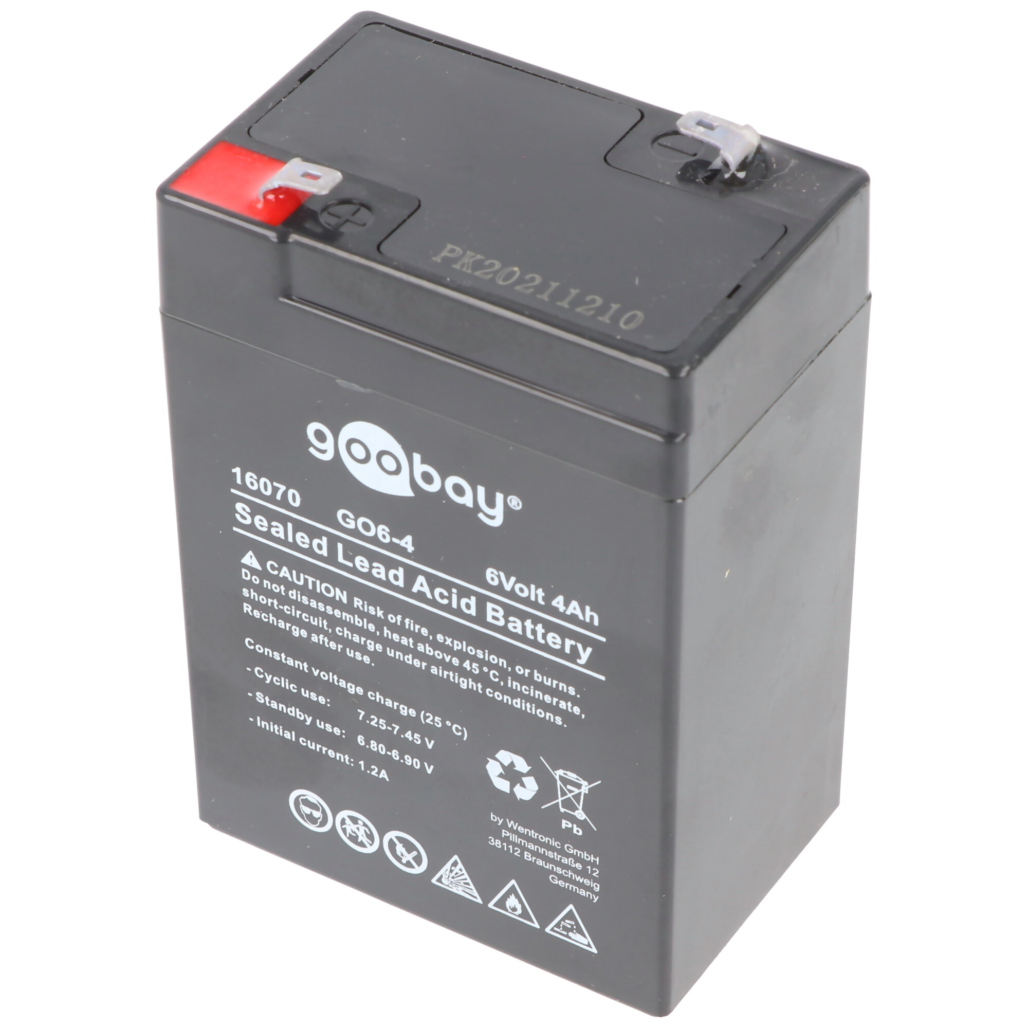 Schwarze, versiegelte Blei-Säure-Batterie mit roter Oberseite und Warnhinweisen.