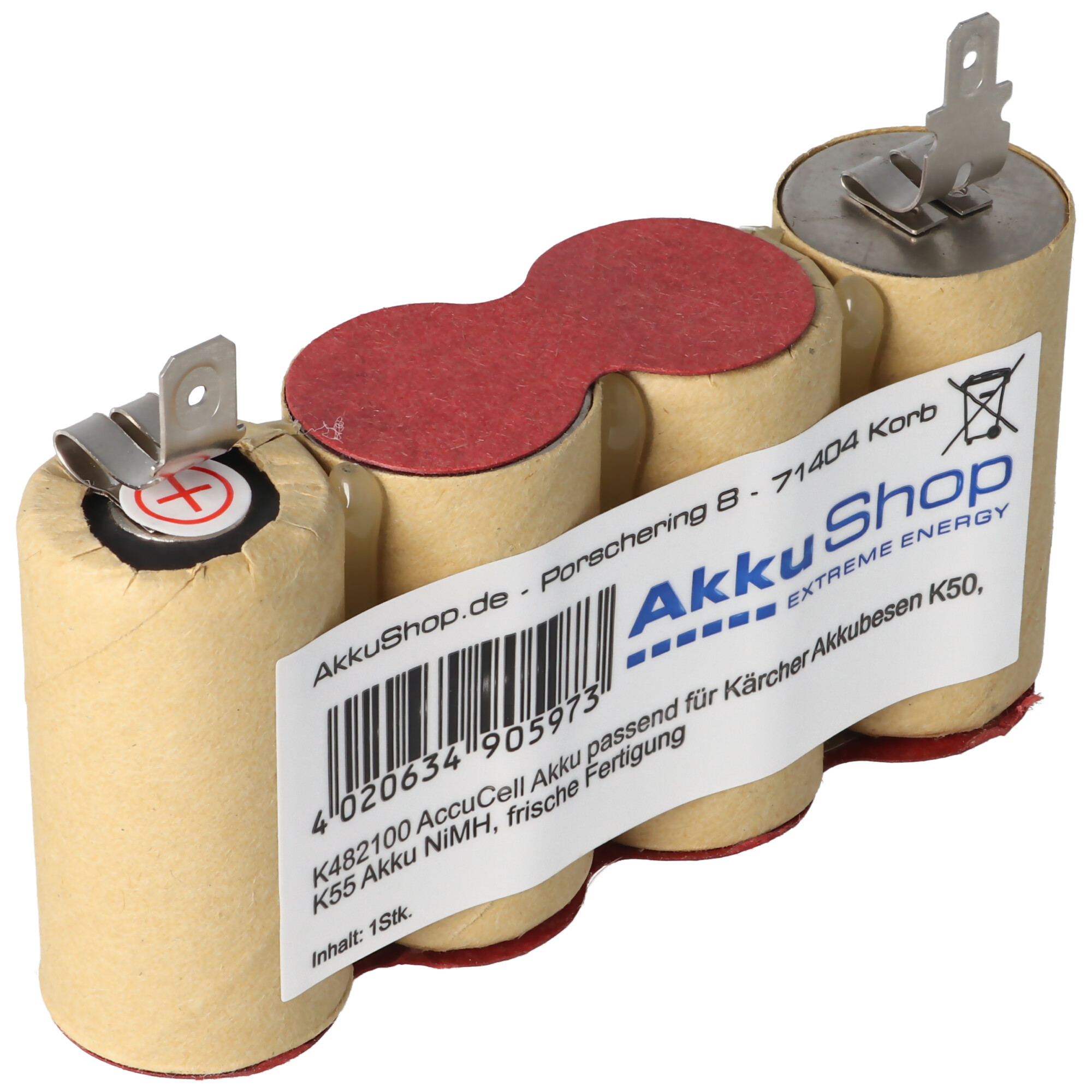 Akkus mit Etikett, K482100 AccuCell Akku und Barcode. In der Mitte befindet sich ein roter Aufkleber.