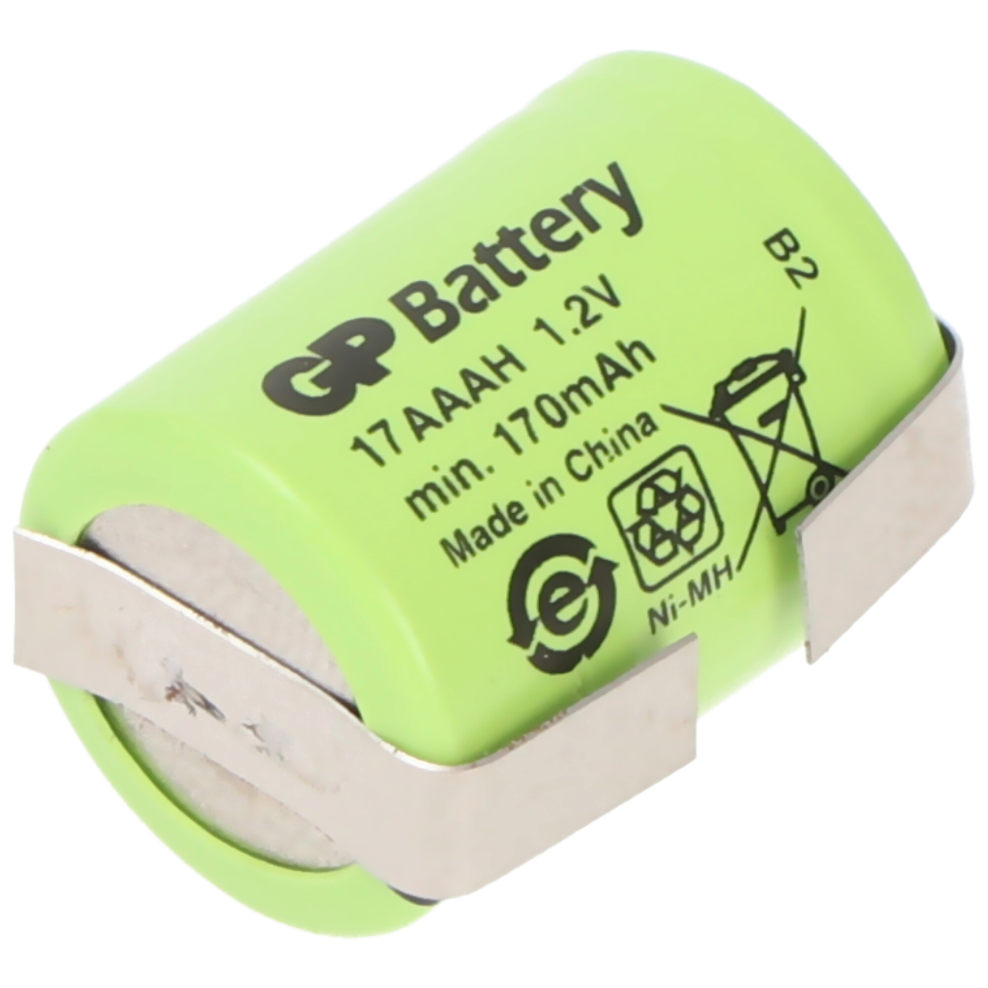 Grüne zylindrische Batterie mit Metallclips und dem Text "GP Battery".