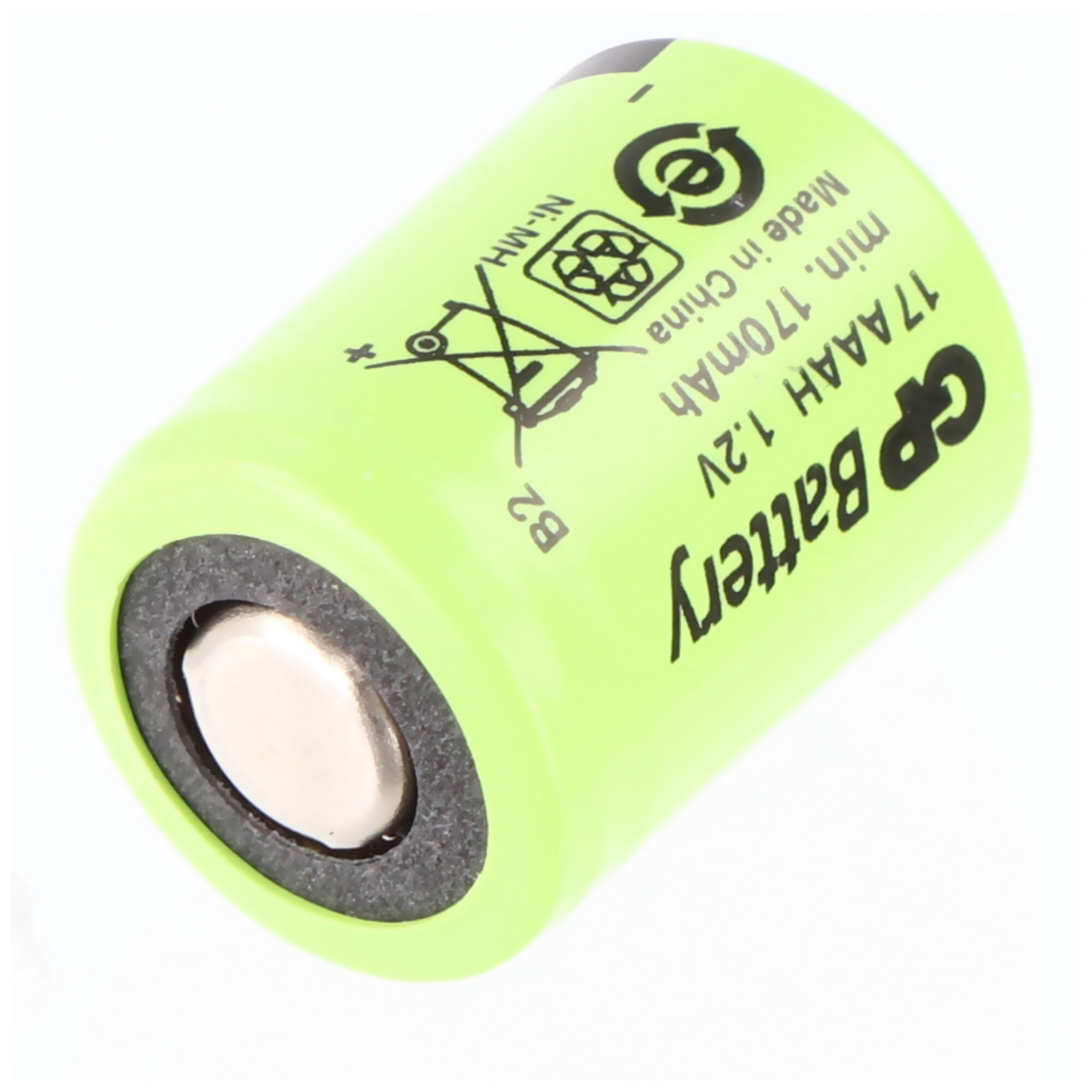 Eine grüne 17AAA Ni-MH Batterie mit Sicherheitssymbolen, hergestellt in China.