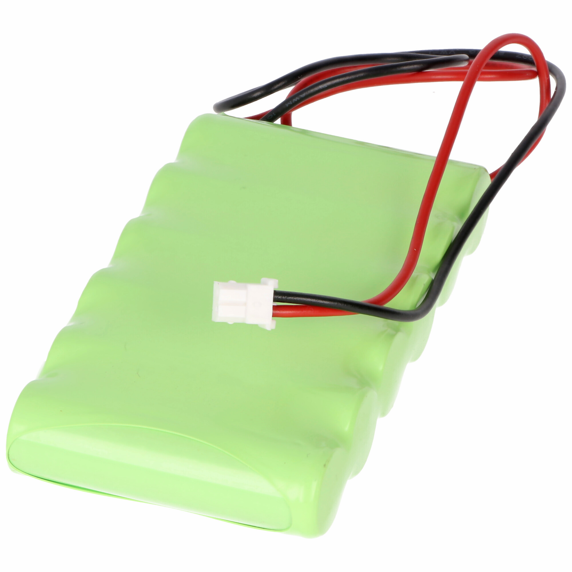 Ein grünes Batteriepack mit roten und schwarzen Drähten und einem weißen Stecker.