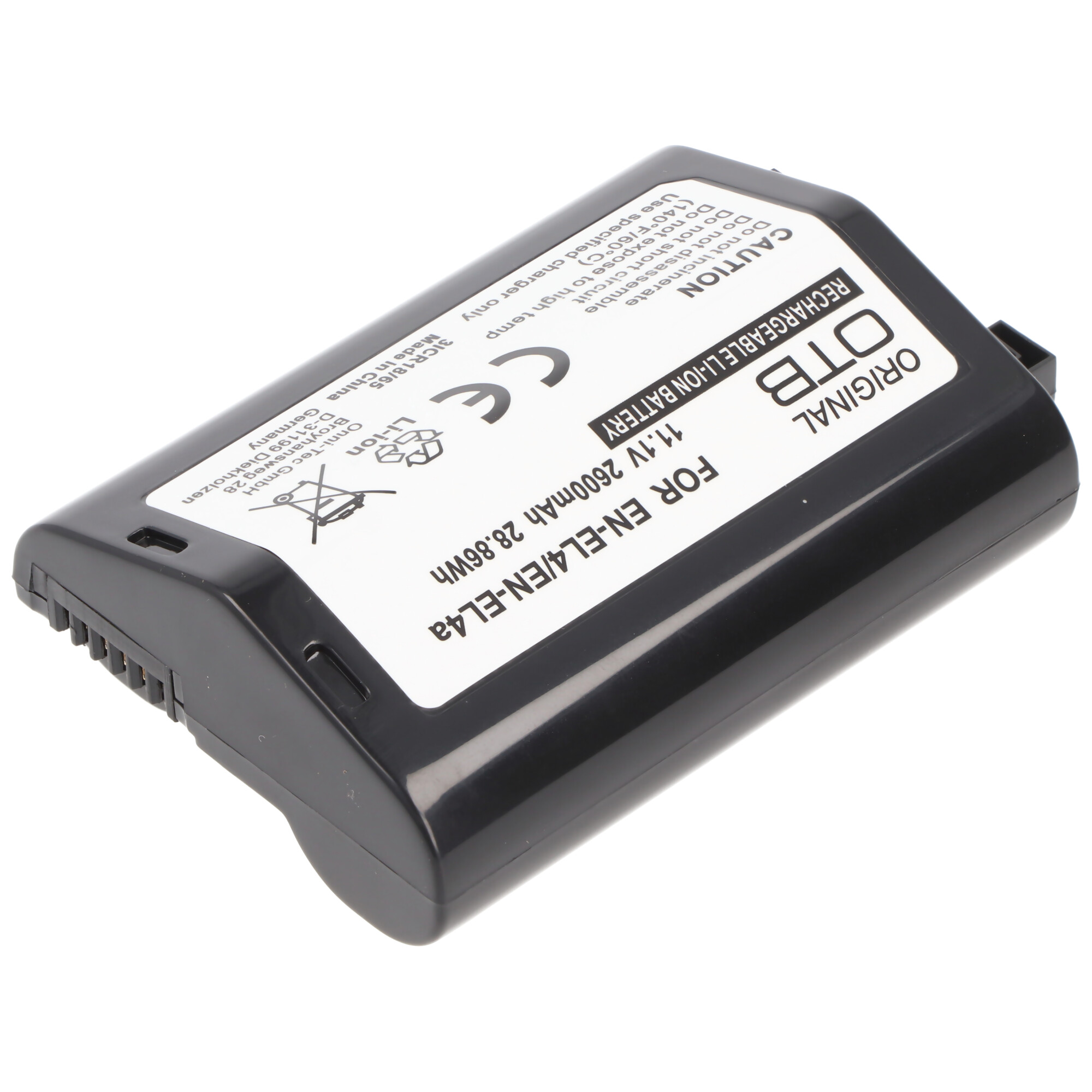 Schwarzer, wiederaufladbarer Li-Ionen-Akku, beschriftet OTB Original, für EN-EL4/EL4a. Warnhinweis und CE-Zeichen.