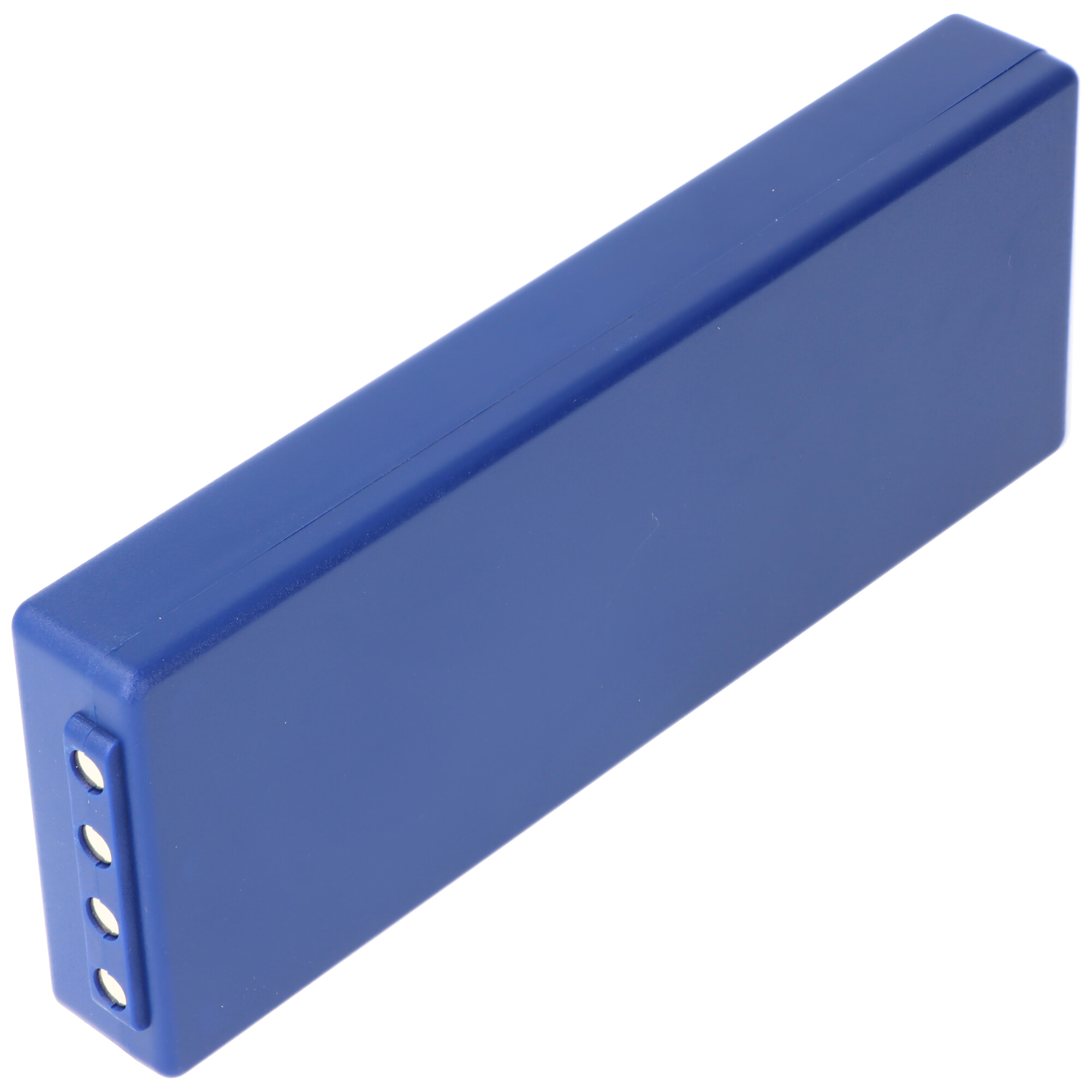 Eine blaue rechteckige Box mit abgerundeten Kanten und drei silberfarbenen Kreisen auf einer Seite.