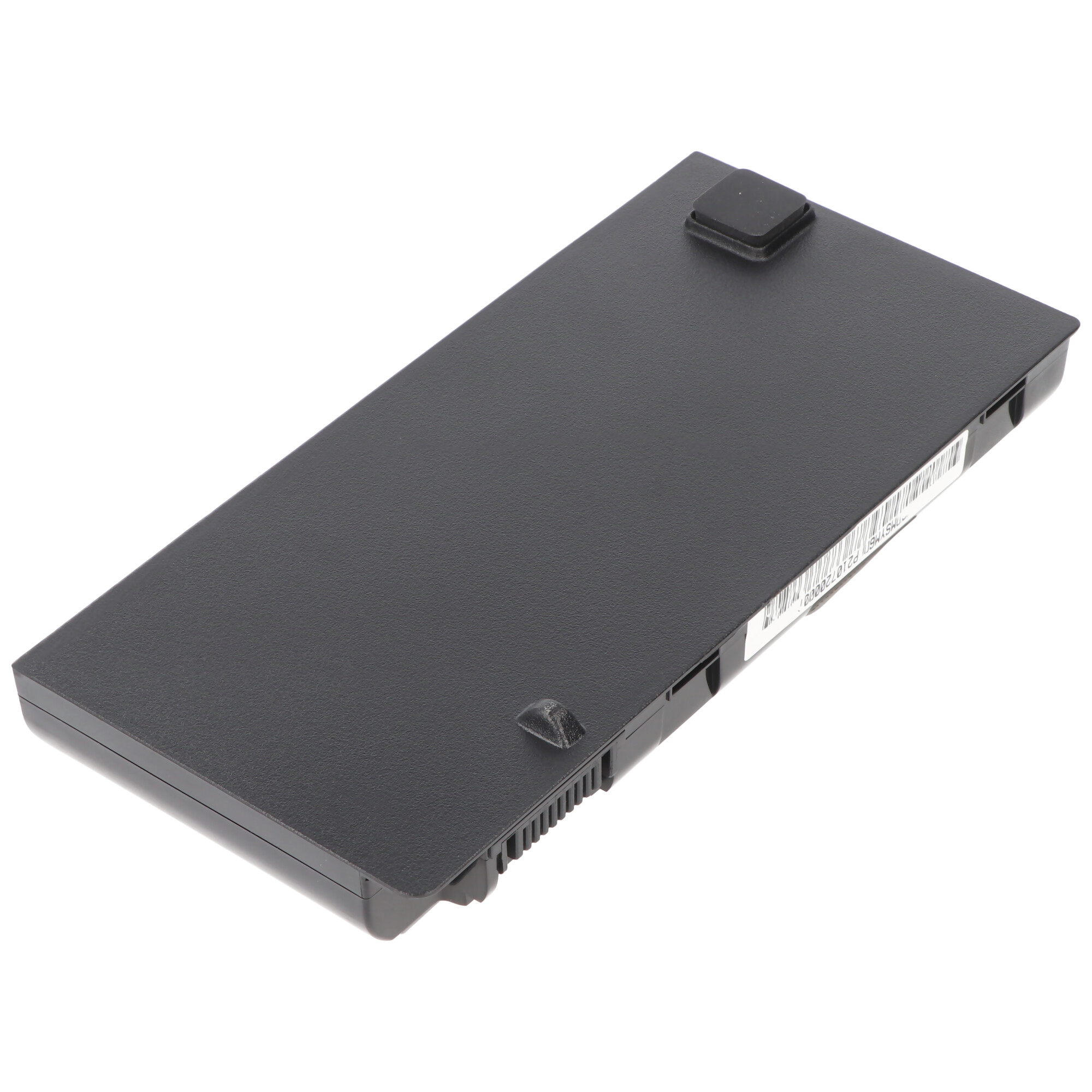 Schwarzer Laptop-Akku. Draufsicht, rechteckige Form mit einem kleinen schwarzen Quadrat oben.