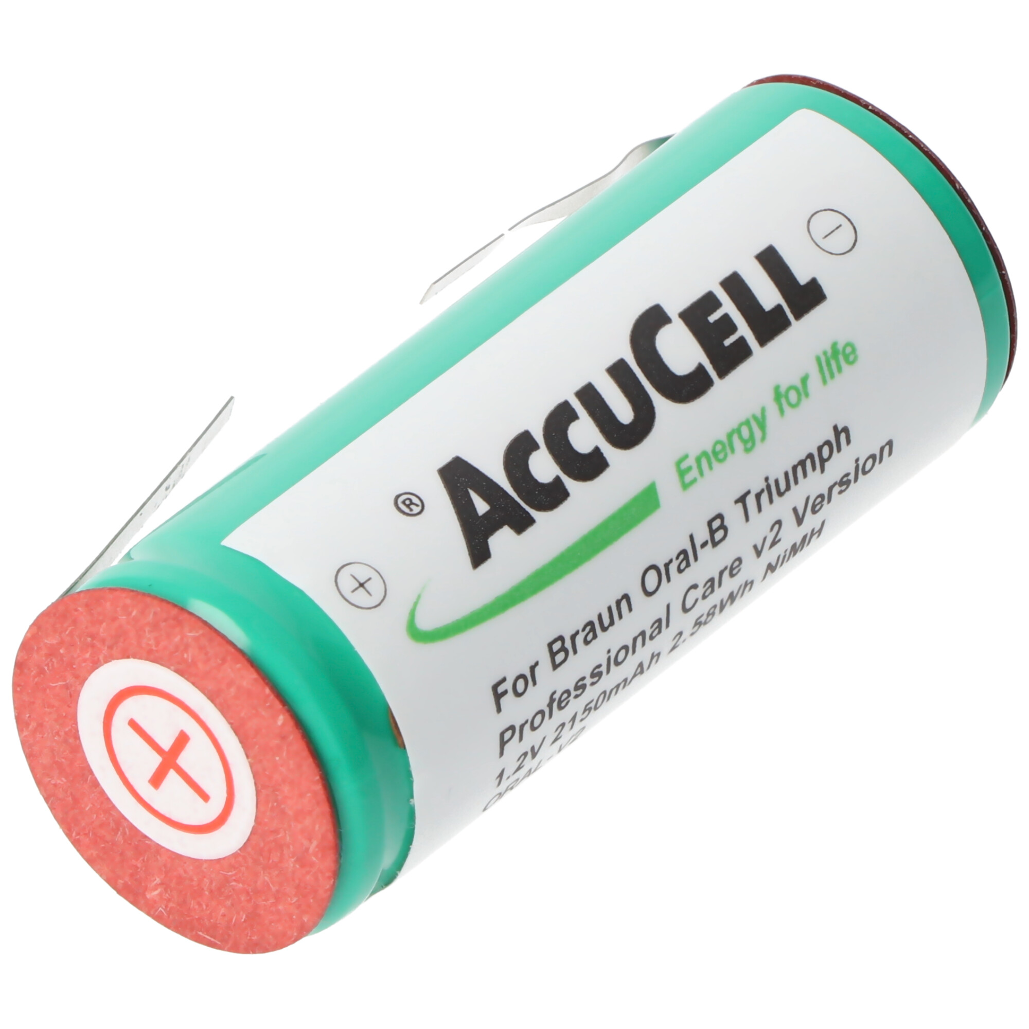 Grüne und weiße zylindrische AccuCell-Batterie mit Textdetails und rotem Pluspol.