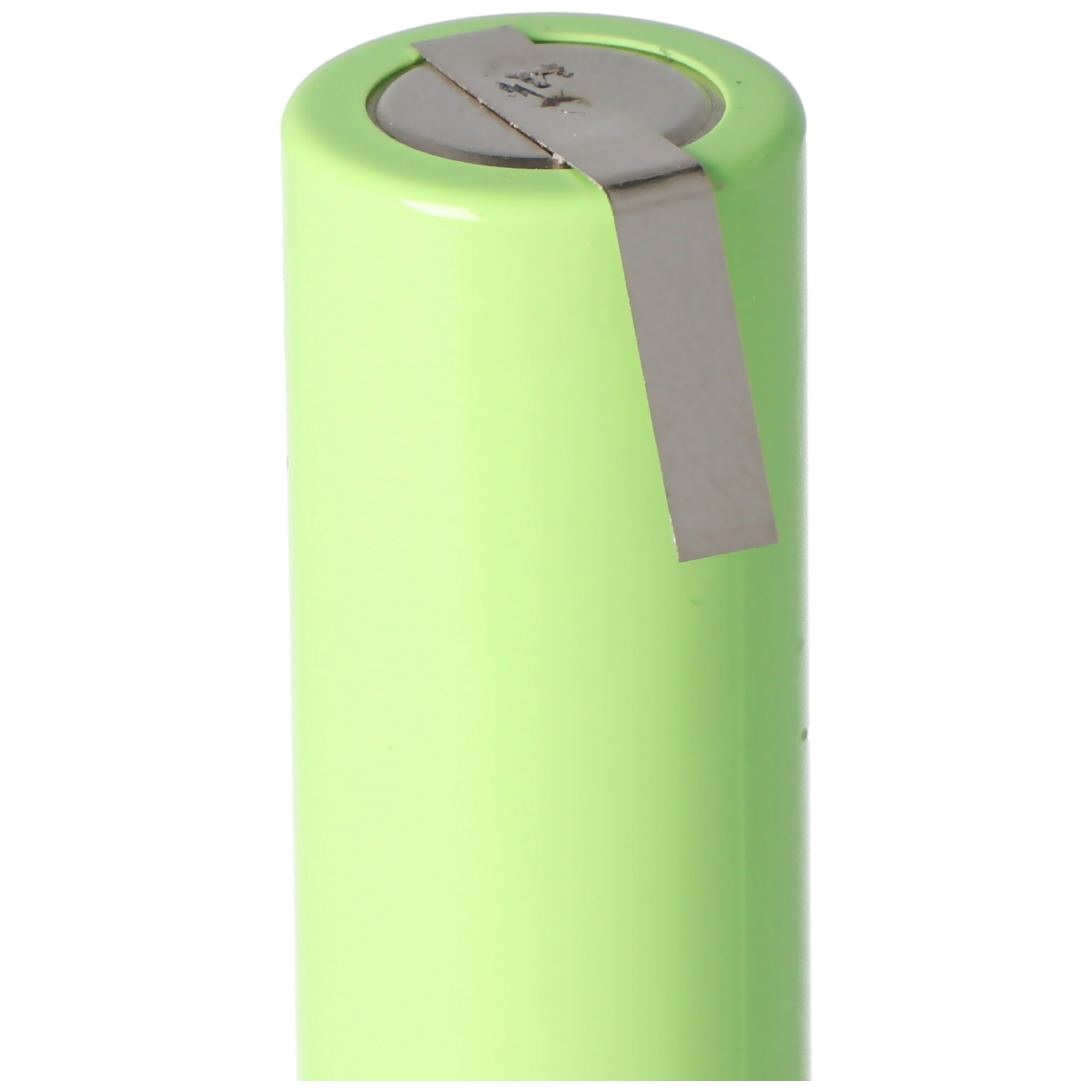 Hellgrüne zylindrische Batterie mit einem silbernen Metallstreifen oben.