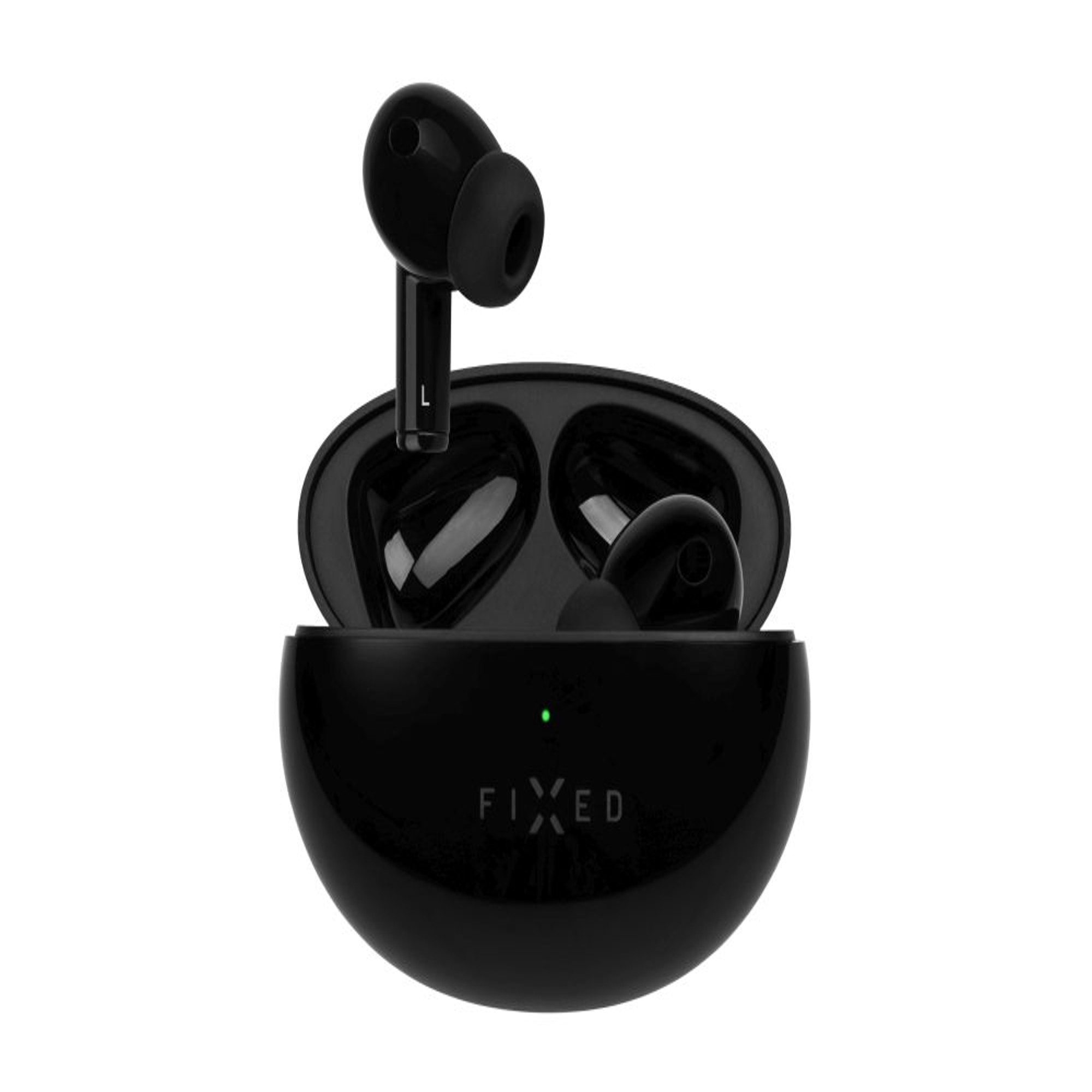 Auricolari wireless neri in una custodia di ricarica sono mostrati, con la custodia aperta, su sfondo bianco.