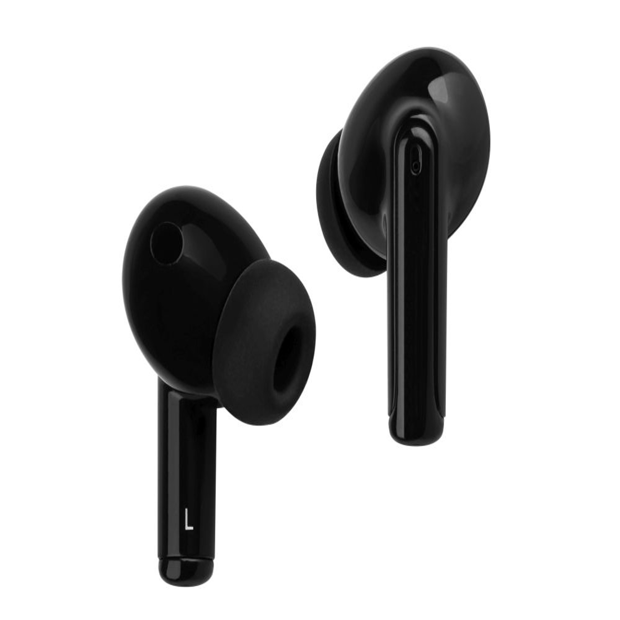 Due auricolari wireless neri su sfondo bianco. Quello di sinistra ha una L sopra.