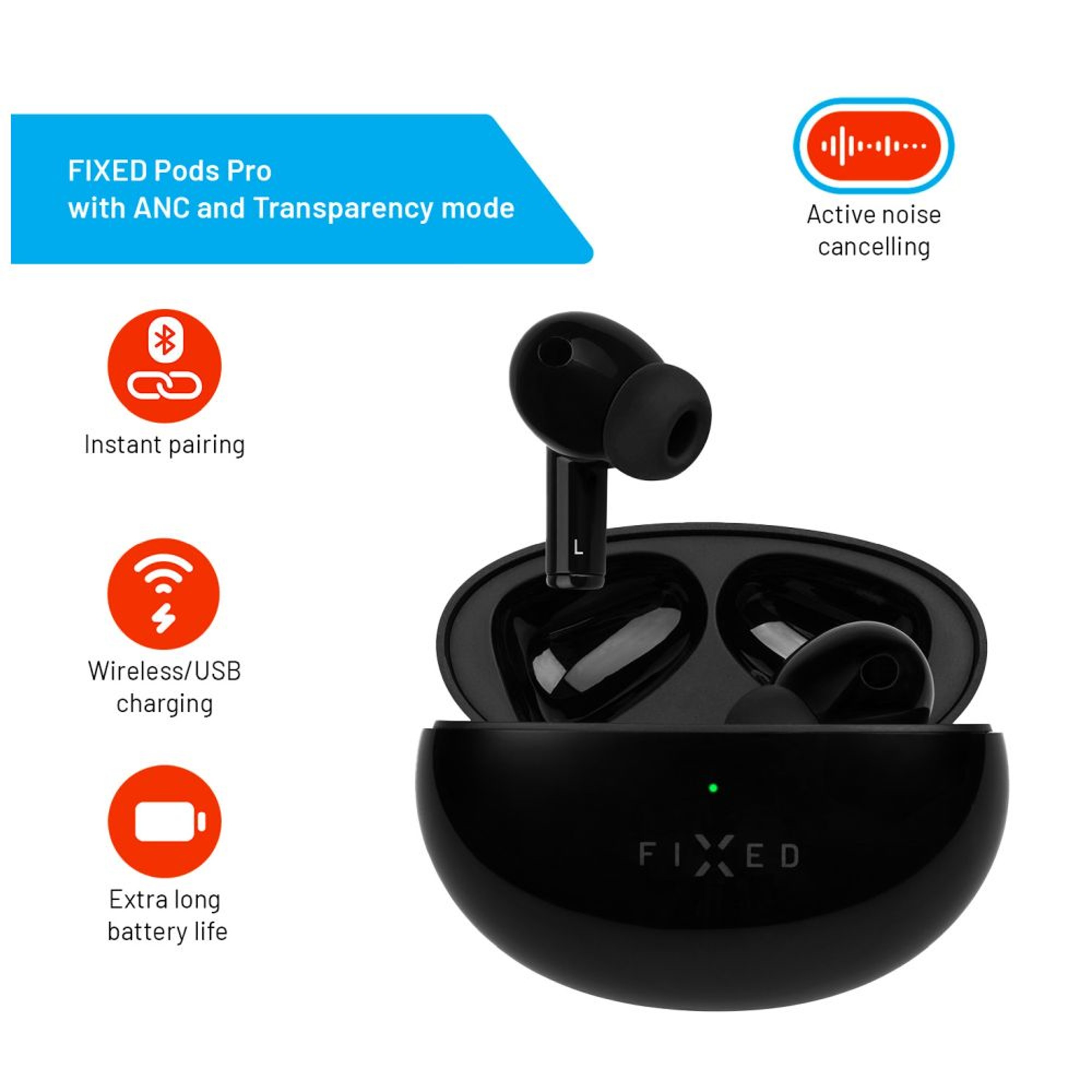 Auricolari wireless neri in custodia nera. Caratteristiche: accoppiamento immediato, ricarica wireless e ANC.