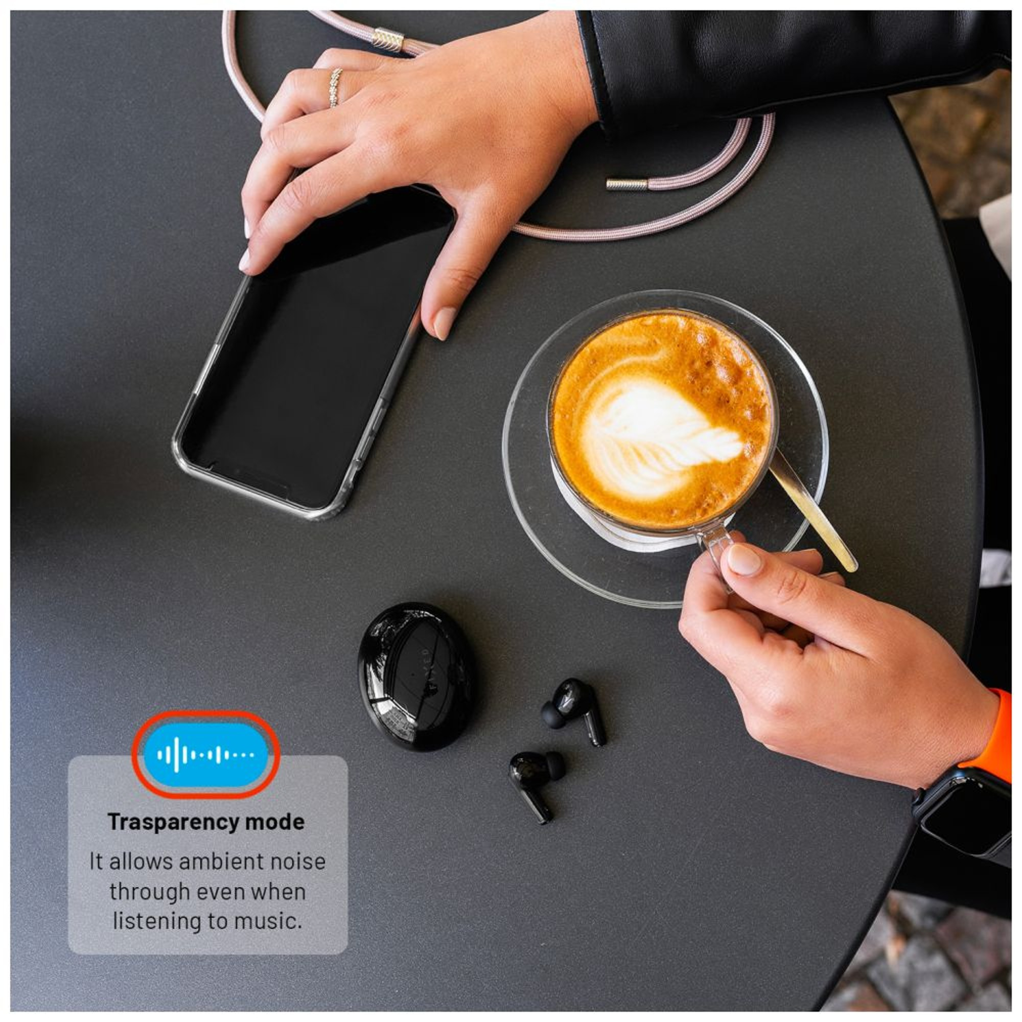 Mani con caffè e auricolari su un tavolo. La modalità trasparenza è evidenziata.