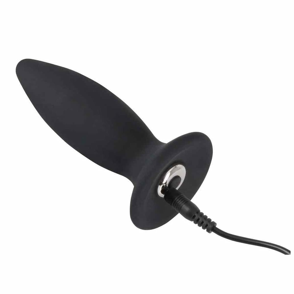 Ein schwarzer Analplug mit Kabel, auf weißem Grund.