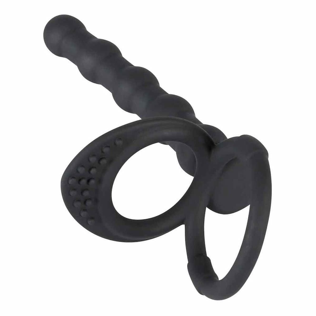 Schwarzes Sexspielzeug mit strukturiertem Schaft und einem ovalen Ring mit Noppen. Weißer Hintergrund.
