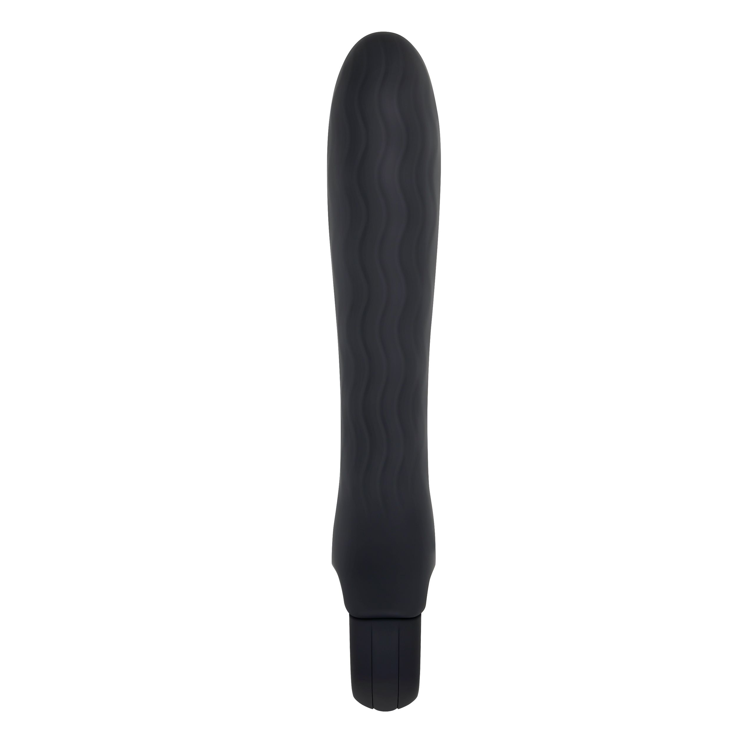 Schwarzer Vibrator auf weißem Hintergrund. Es hat ein strukturiertes Design.