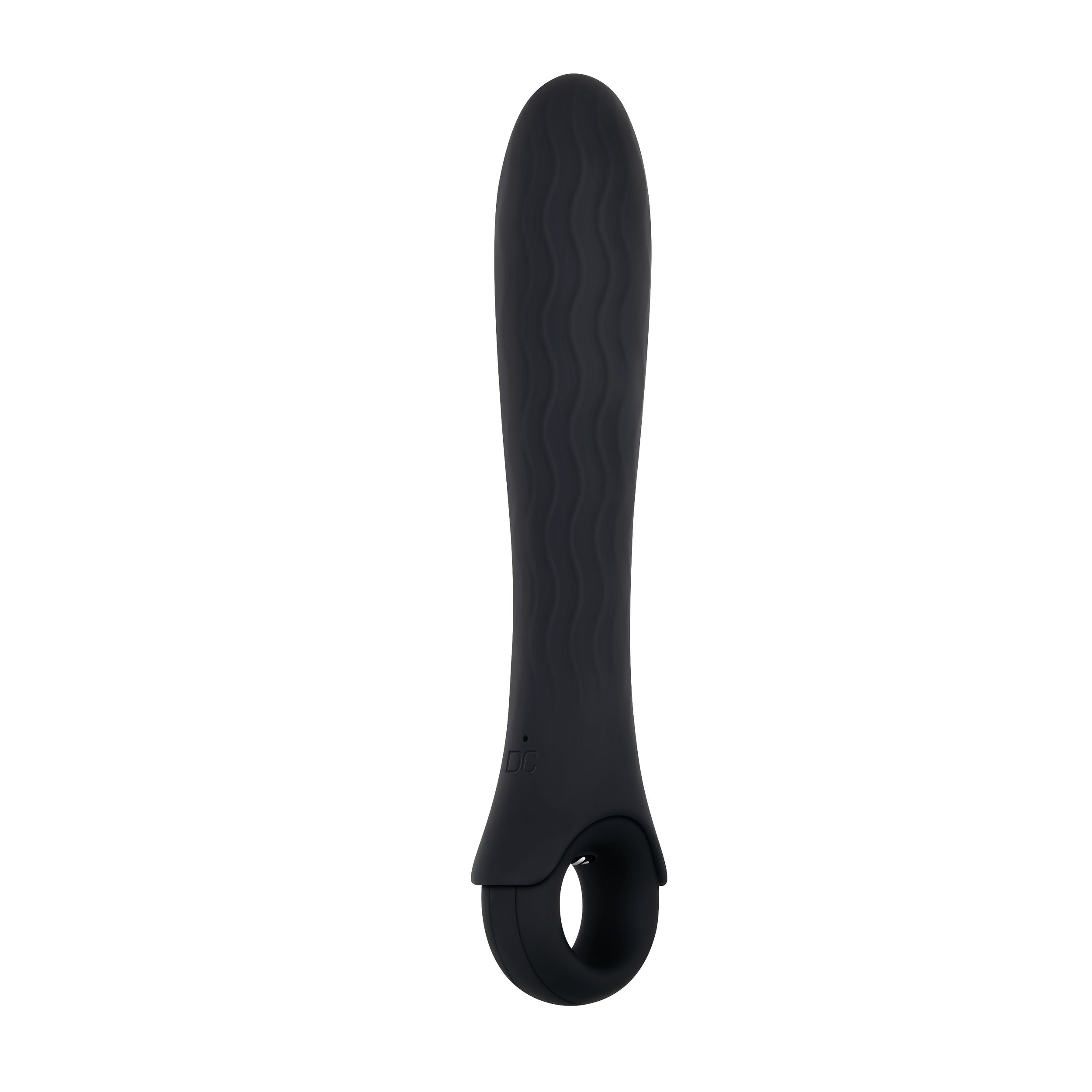 Schwarzer Vibrator mit Wellendesign am Griff, weißer Hintergrund.