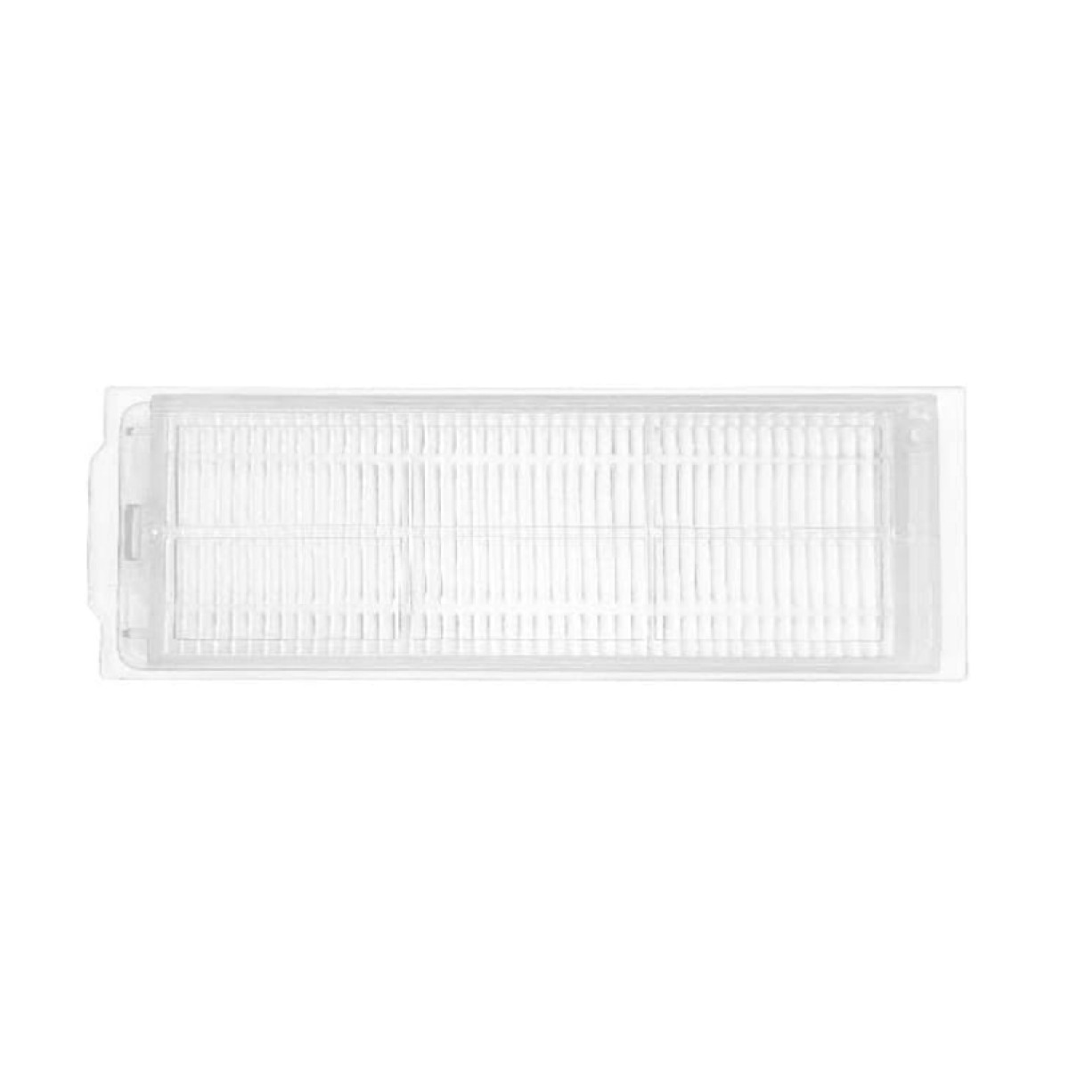 Weißer rechteckiger Filter für einen Staubsauger.