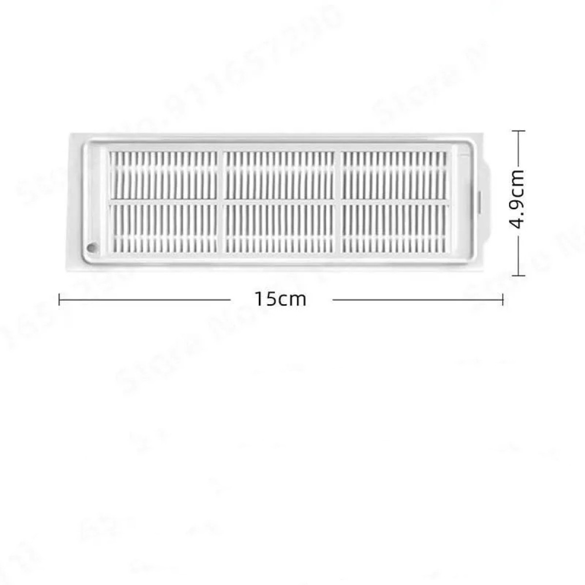 Filtro rettangolare bianco per bidone della spazzatura. Le dimensioni sono 15 cm x 4,9 cm. Ha molti piccoli fori.