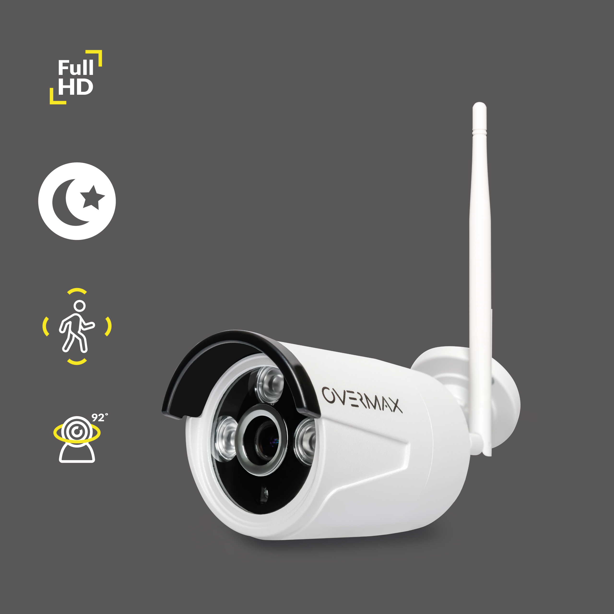 Weiße OVERMAX-Überwachungskamera mit Antenne, Symbolen und Full-HD-Logo auf grauem Hintergrund.