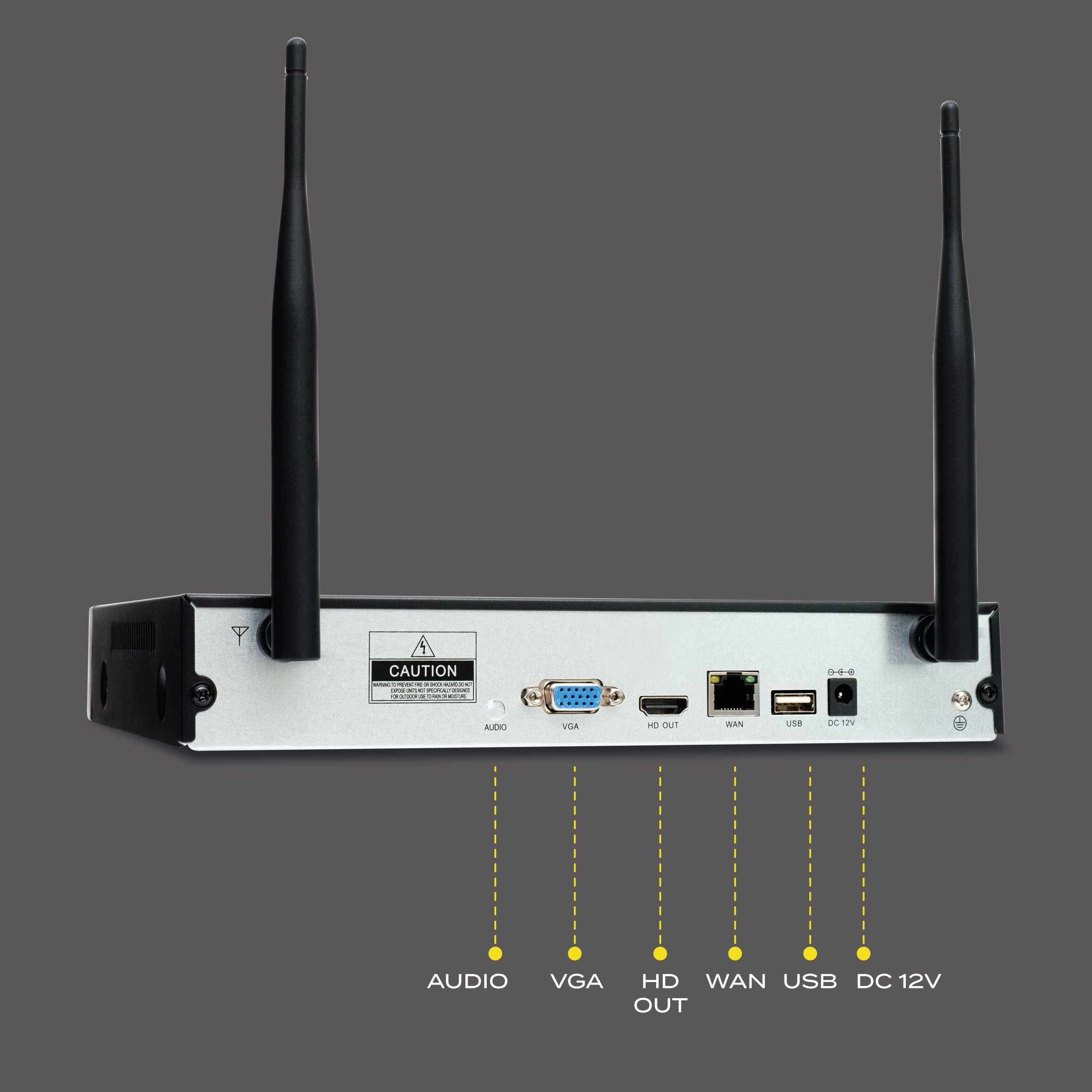 Rückansicht eines Geräts mit zwei Antennen. Anschlüsse: Audio, VGA, HD Out, WAN, USB, DC 12V. Hintergrund: Grau.