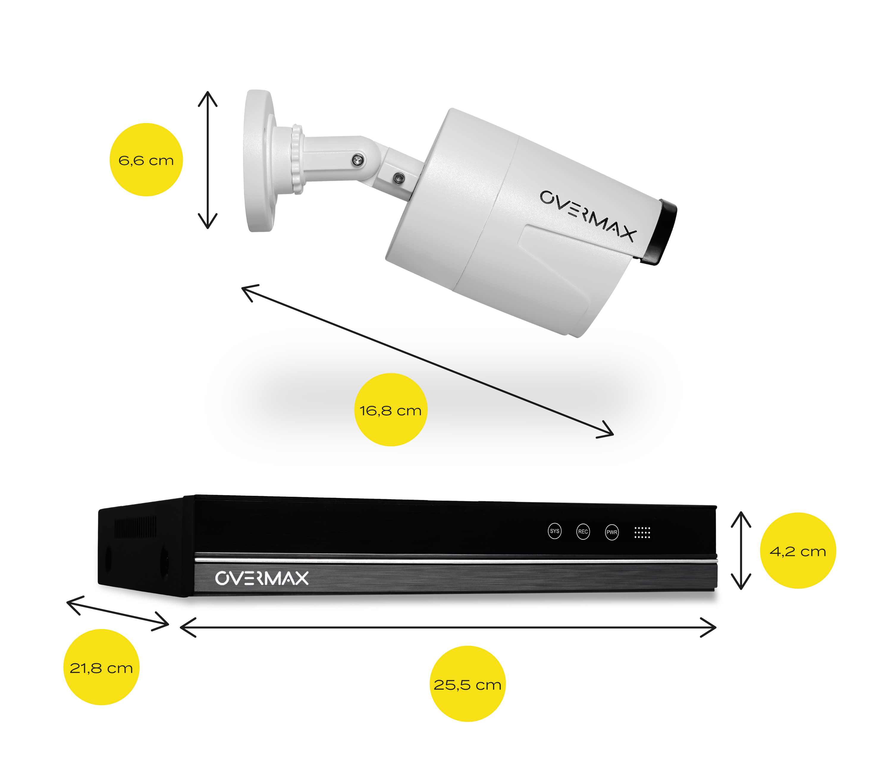 Überwachungskamera und ein schwarzer DVR, mit Abmessungen in gelben Kreisen gekennzeichnet.