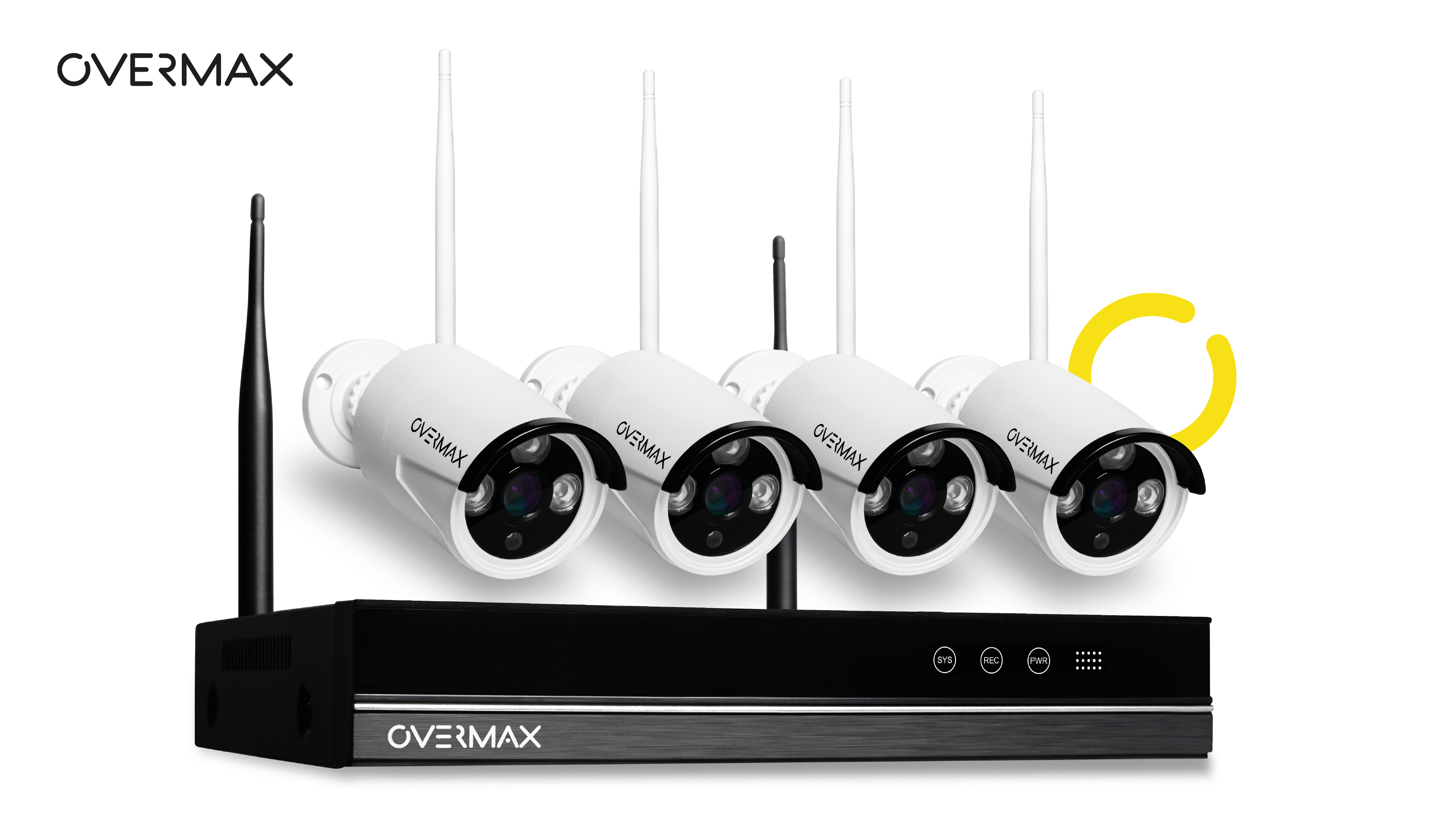 Vier weiße Überwachungskameras und ein schwarzer DVR auf weißem Hintergrund. OVERMAX.