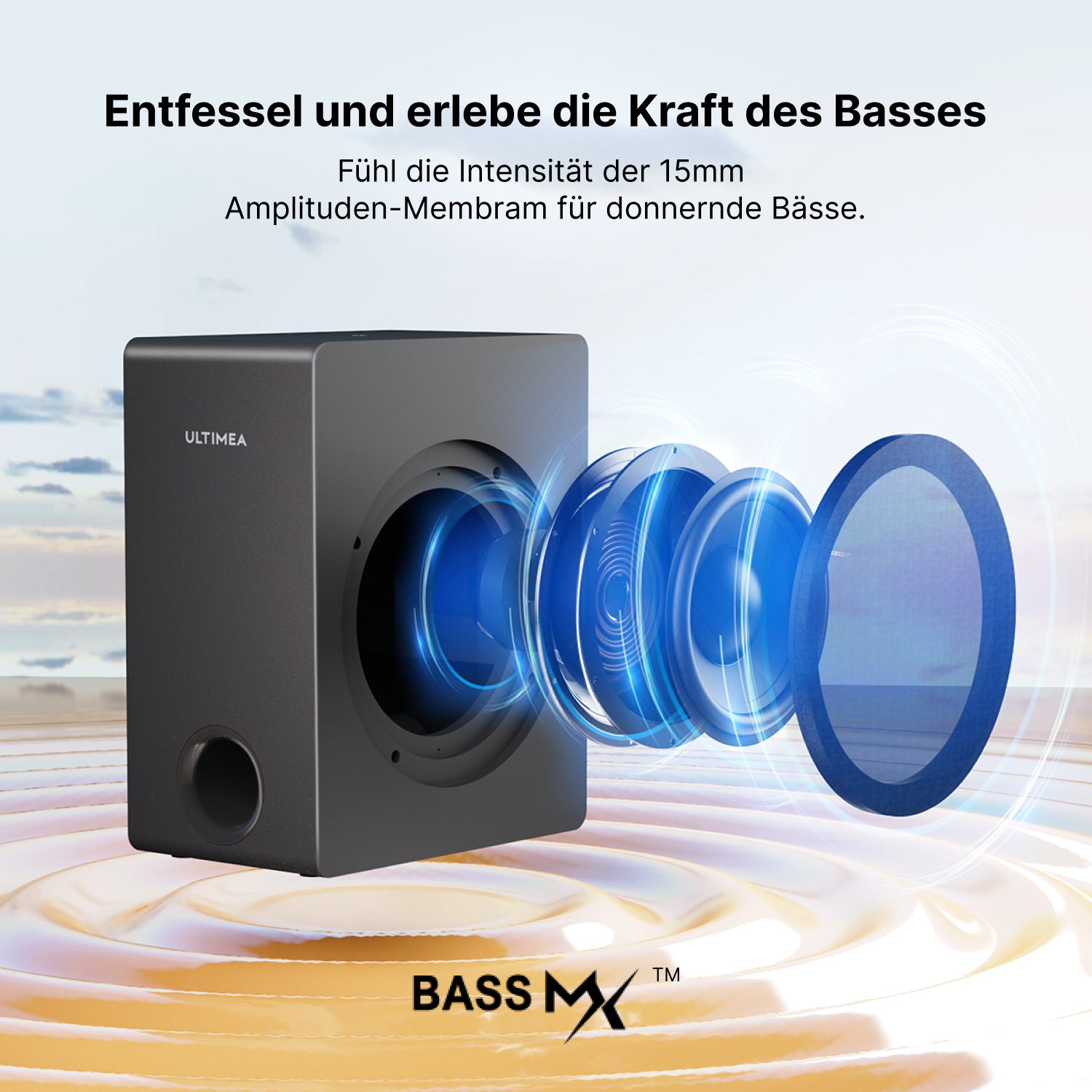 Schwarzer Subwoofer mit blauem Lichteffekt. Text auf Deutsch: 'Entfessle die Kraft des Basses'.