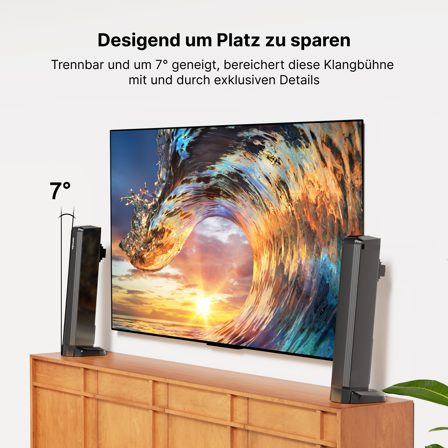 Zwei schwarze Lautsprecher mit einem Fernseher im Hintergrund. Weißer Hintergrund.