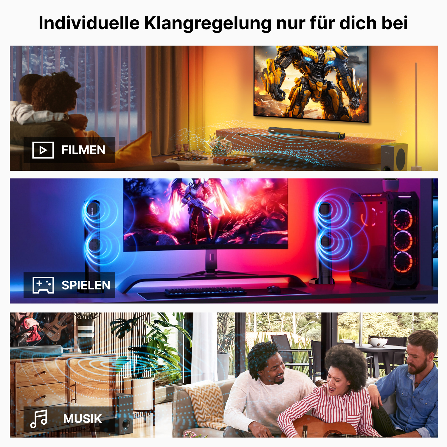 Szene mit Fernseher, Computer und Personen. Die Bilder zeigen verschiedene Anwendungen des Produkts.
