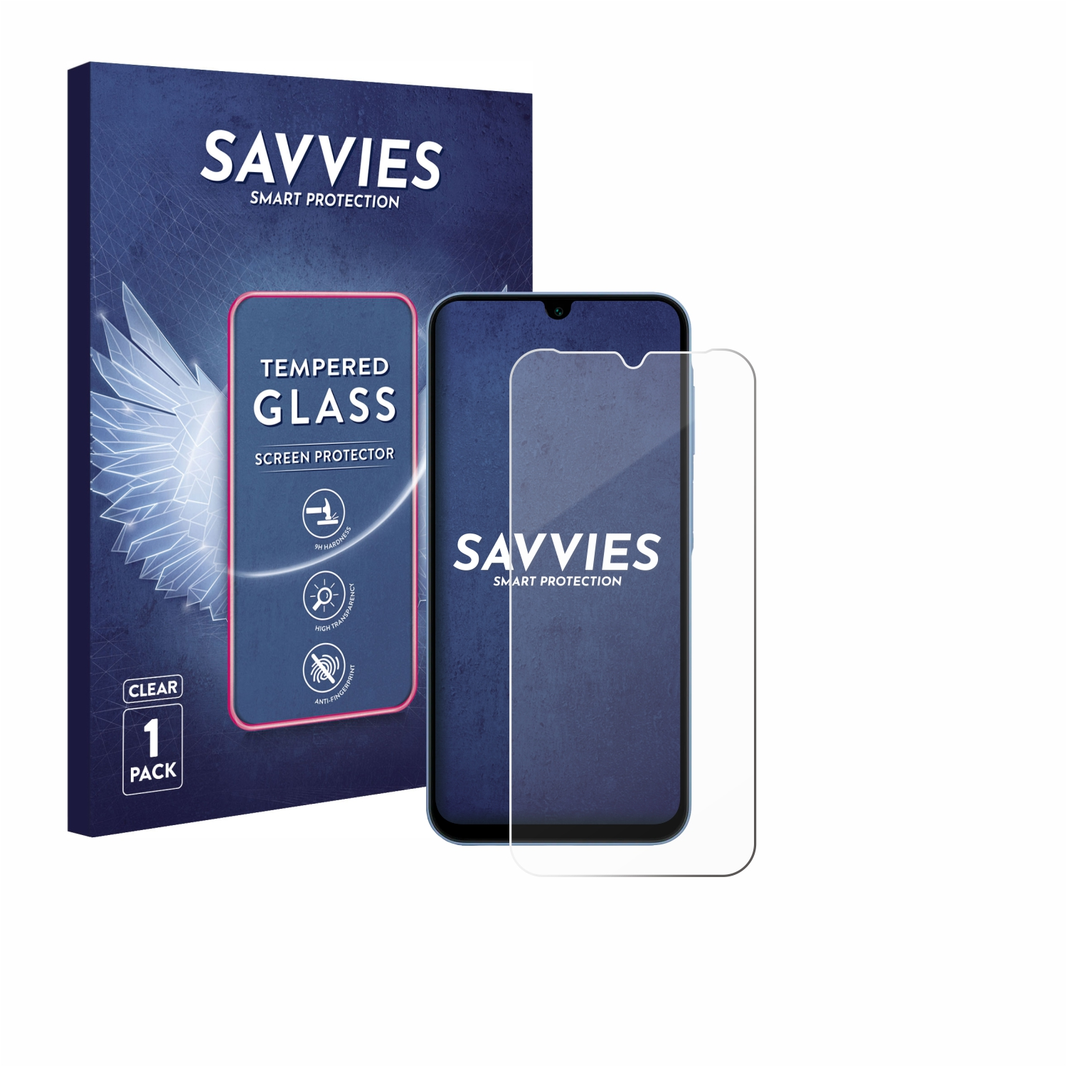 Ein Telefon mit Displayschutz und einer Box, der Schutz ist transparent, die Box ist blau und weiß.