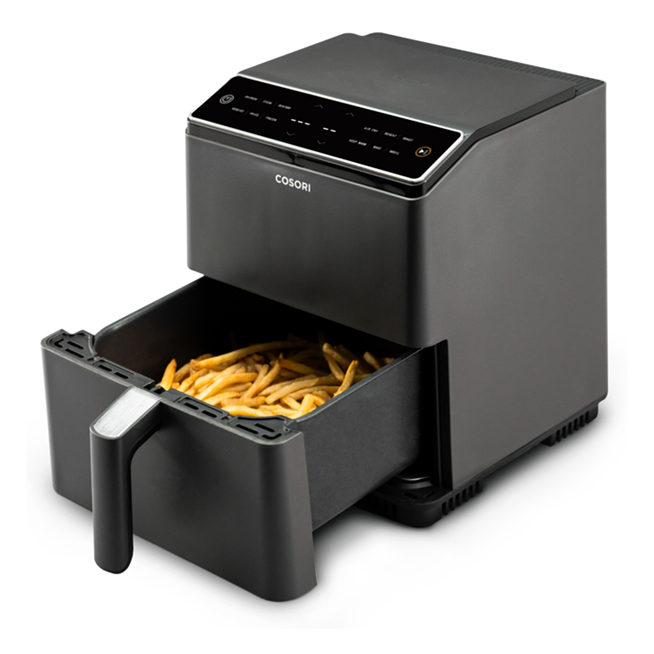 Czarna frytkownica z tacą frytek. Widoczna marka Cosori.