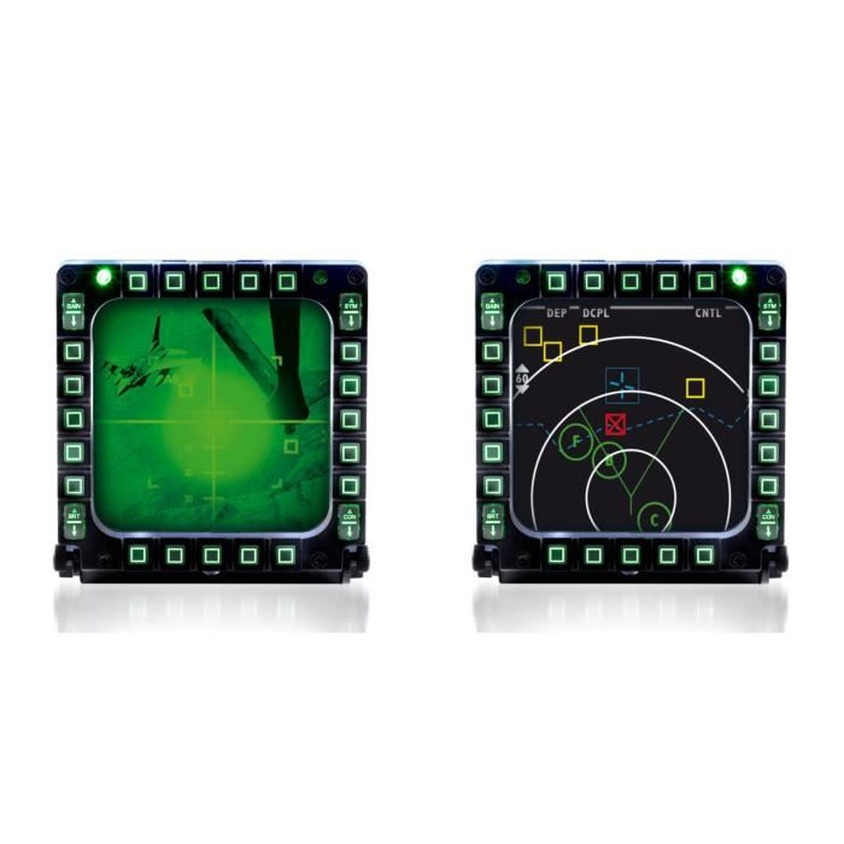 Due display della cabina di pilotaggio, verde e nero. Mostrano dati di volo e navigazione.