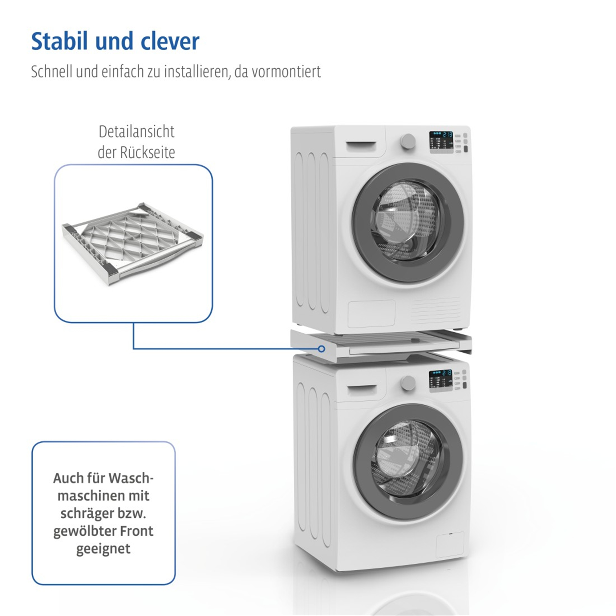 Zwei gestapelte weiße Waschmaschinen mit Text und Diagramm auf weißem Hintergrund.