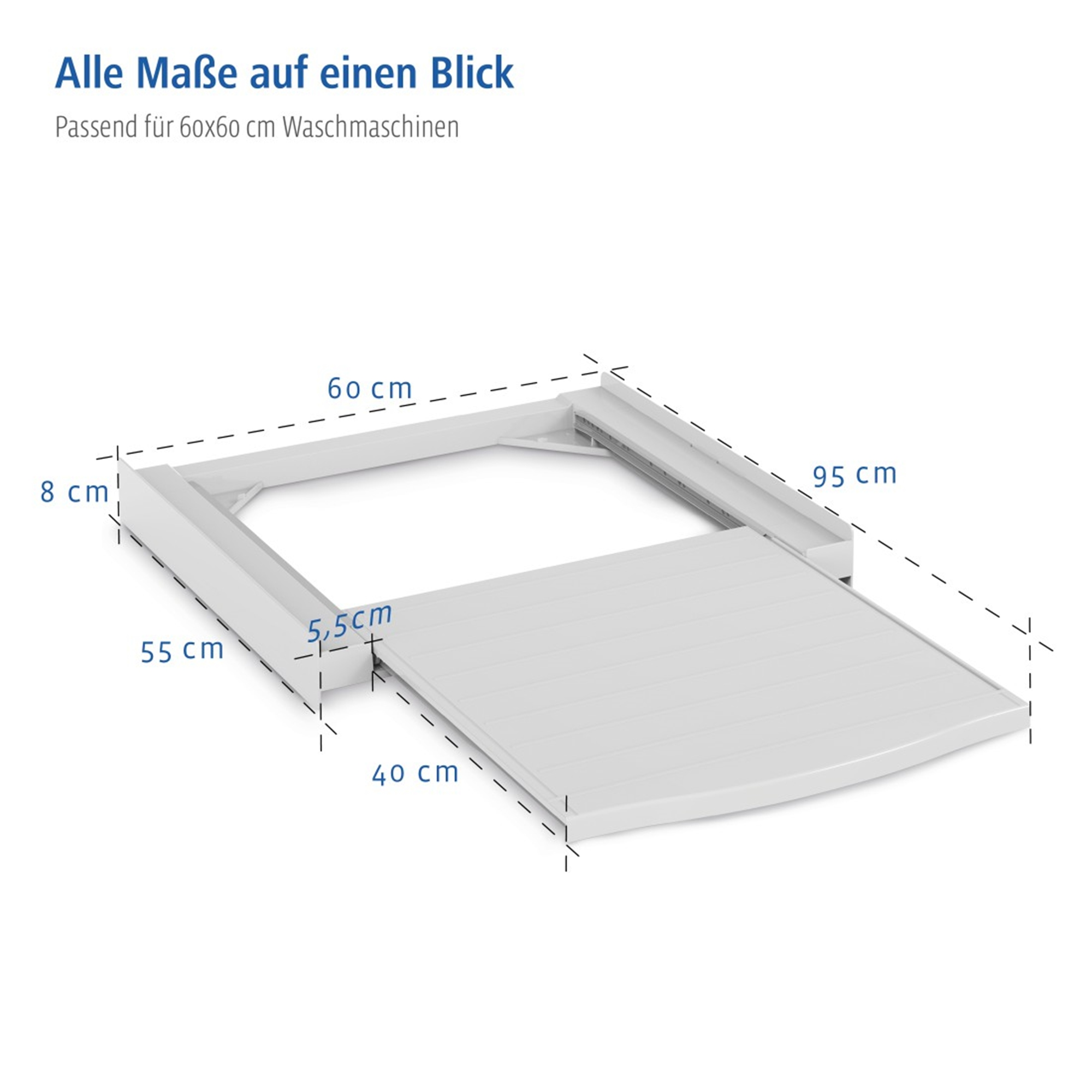 Ein weißer Waschmaschinenunterschrank mit angegebenen Abmessungen. Der Sockel ist rechteckig mit einem Schiebefach.