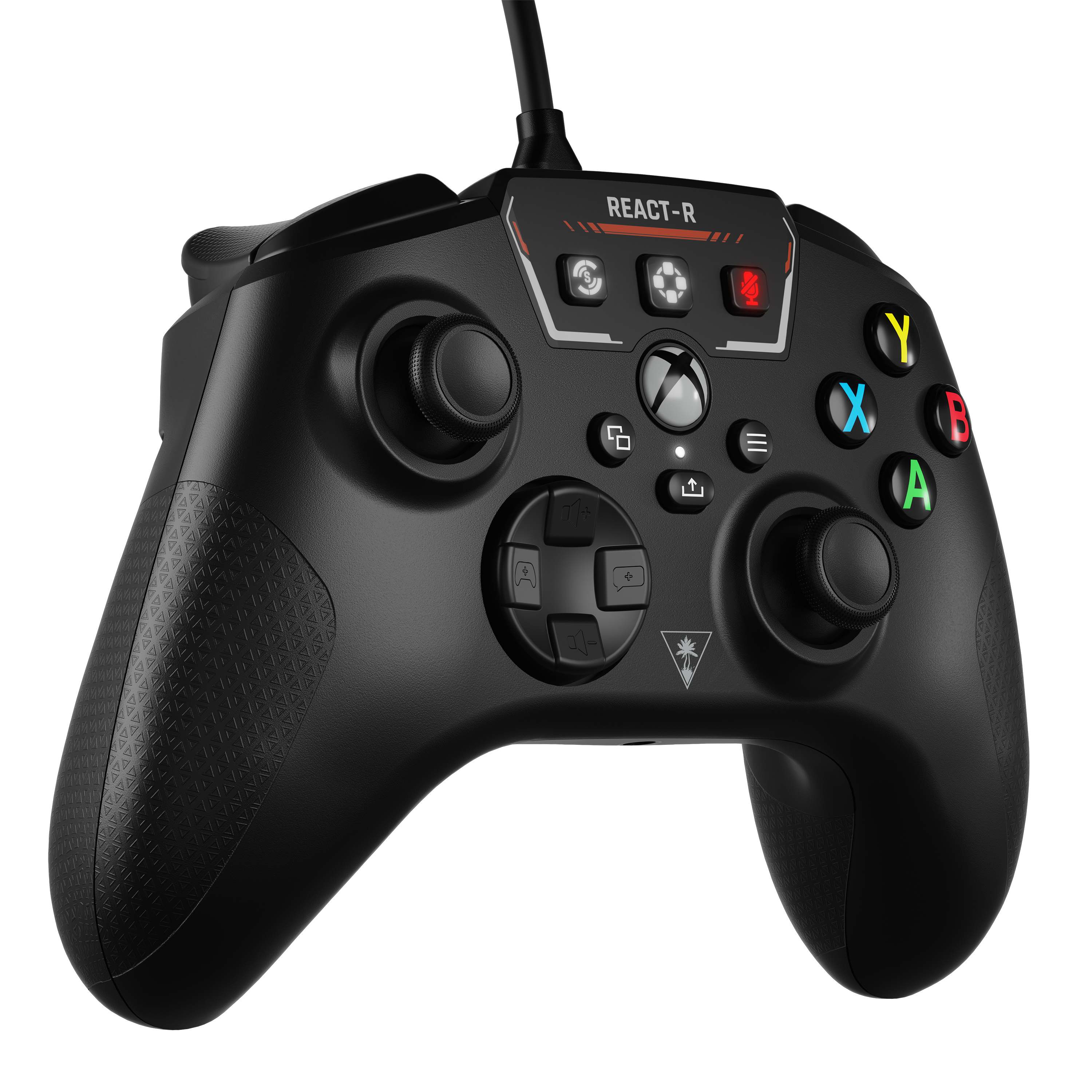Schwarzer Gamecontroller. Tasten mit X, Y, A, B beschriftet. Andere Tasten und Joystick.