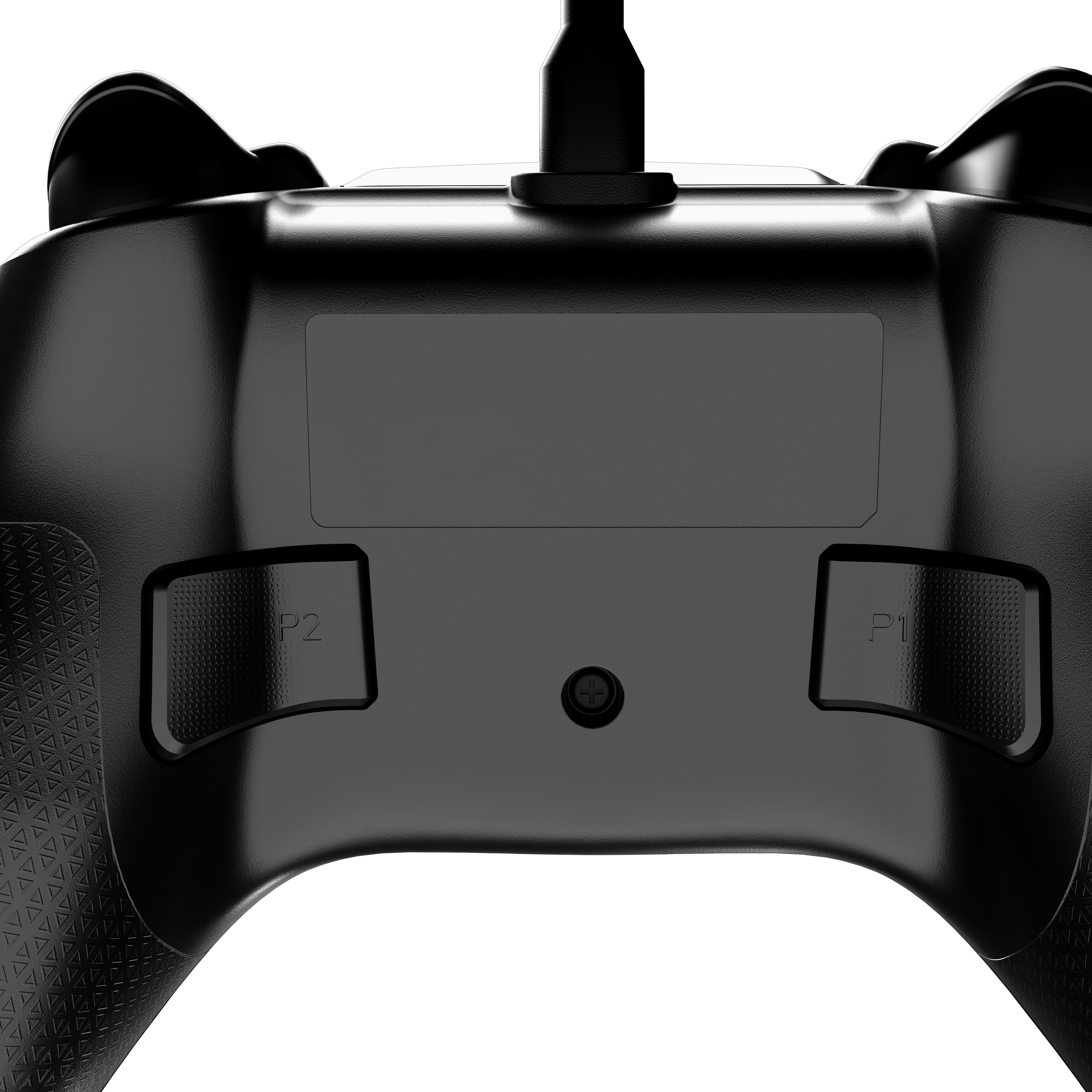 Schwarzer Gamecontroller, zeigt P1- und P2-Tasten, mit zentraler Taste und Kabel.