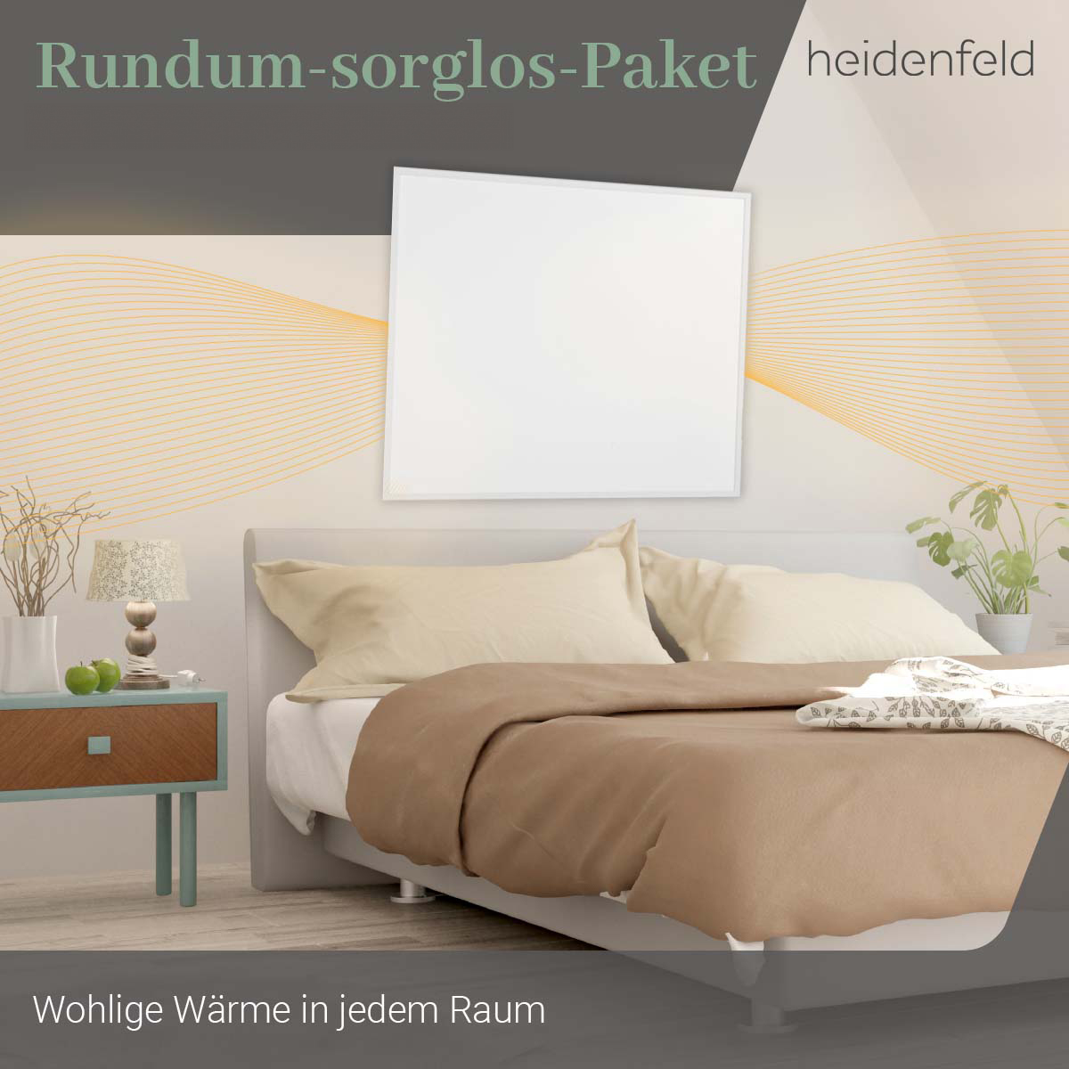 Weiße Wand mit Bett, Kissen, Decke, Tisch mit Lampe und Pflanze mit Text "Rundum-sorglos-Paket".